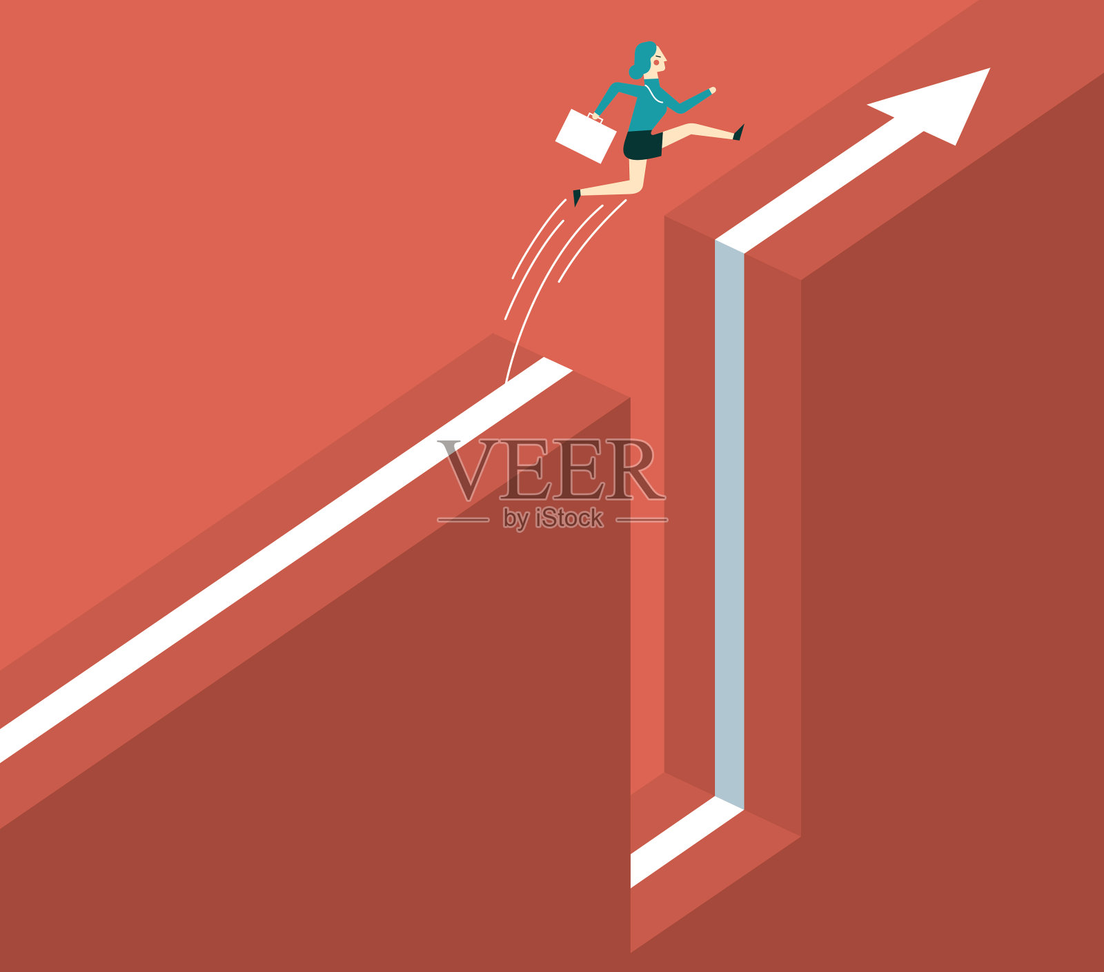 女商人跑着穿过缝隙插画图片素材