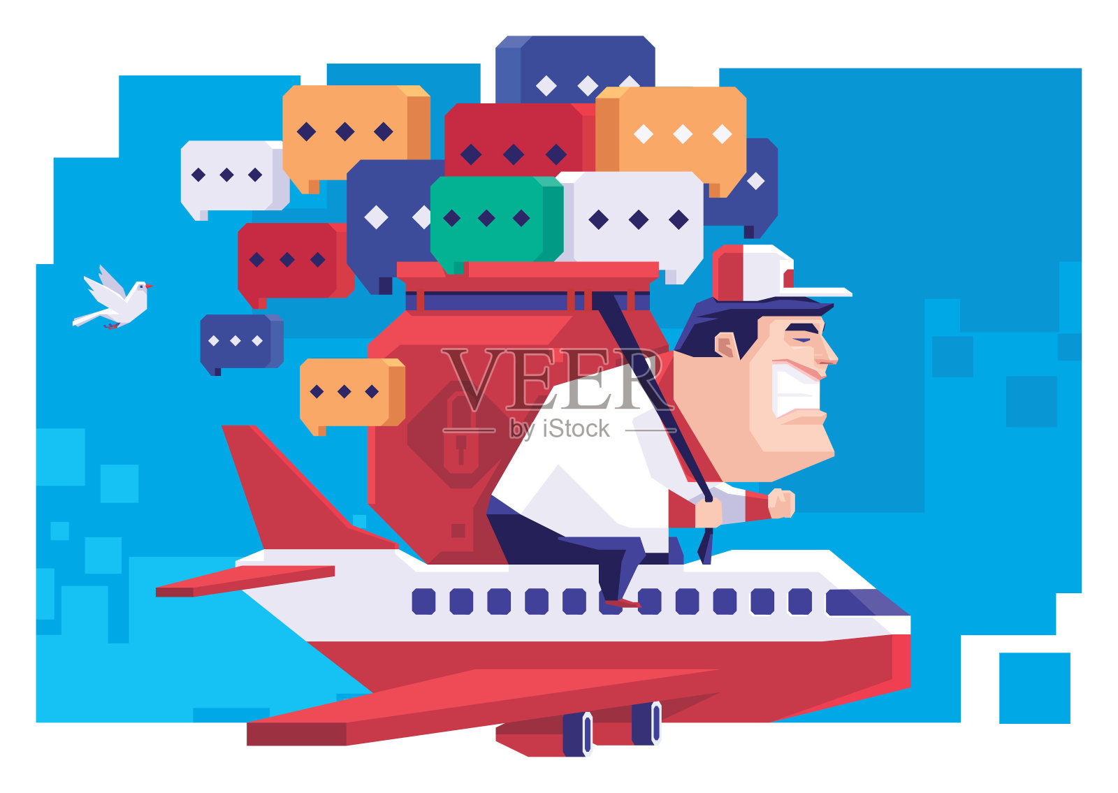 乘坐飞机的快递员，背着一袋语音泡泡插画图片素材