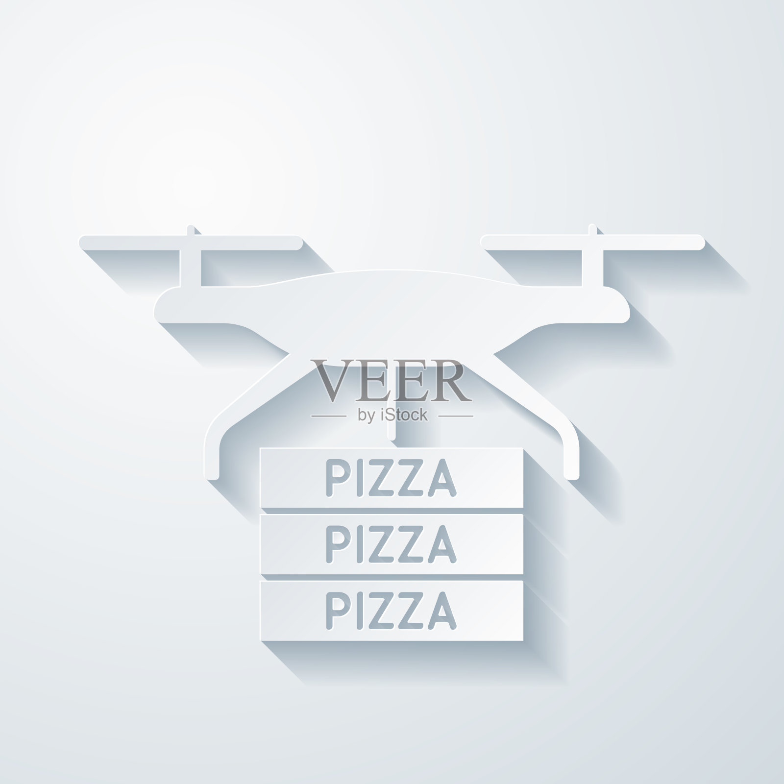 披萨外卖无人机。空白背景上剪纸效果的图标插画图片素材