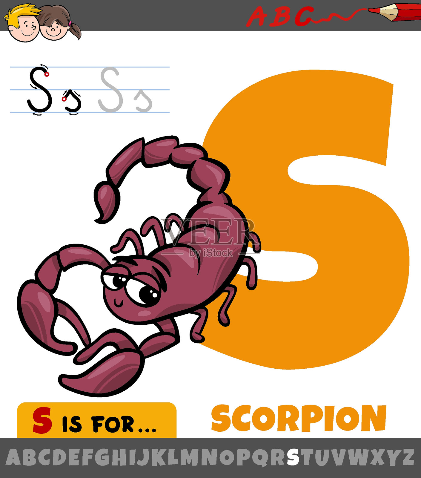 字母S作业纸，带有卡通蝎子动物角色插画图片素材