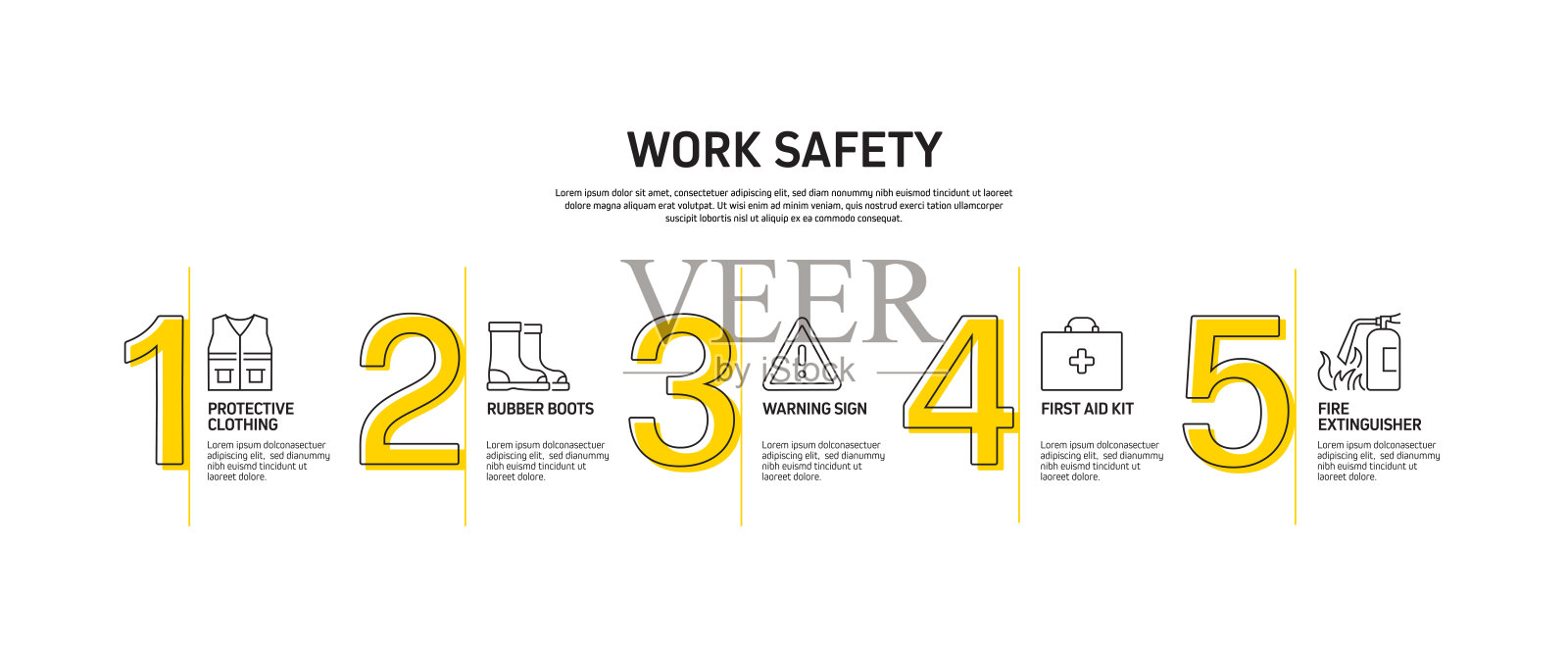 工作安全相关过程信息图表模板。过程时间图。使用线性图标的工作流布局插画图片素材