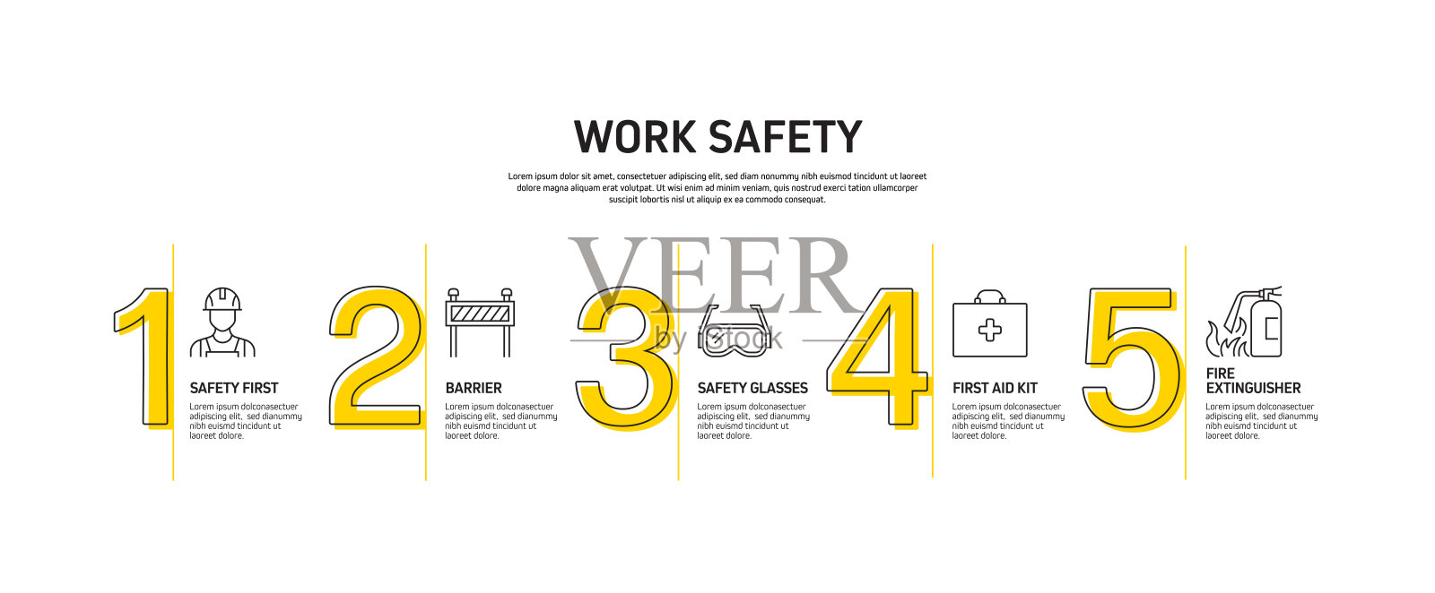 工作安全相关过程信息图表模板。过程时间图。使用线性图标的工作流布局插画图片素材