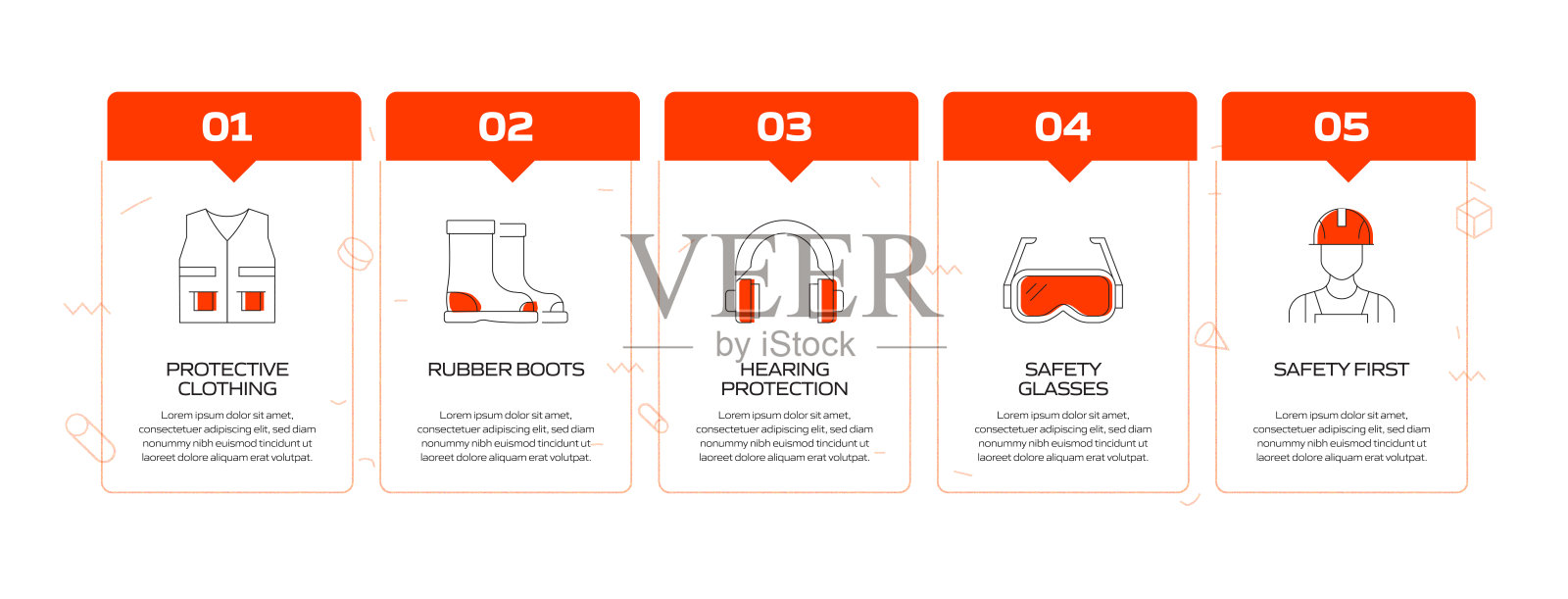 工作安全相关过程信息图表模板。过程时间图。使用线性图标的工作流布局插画图片素材