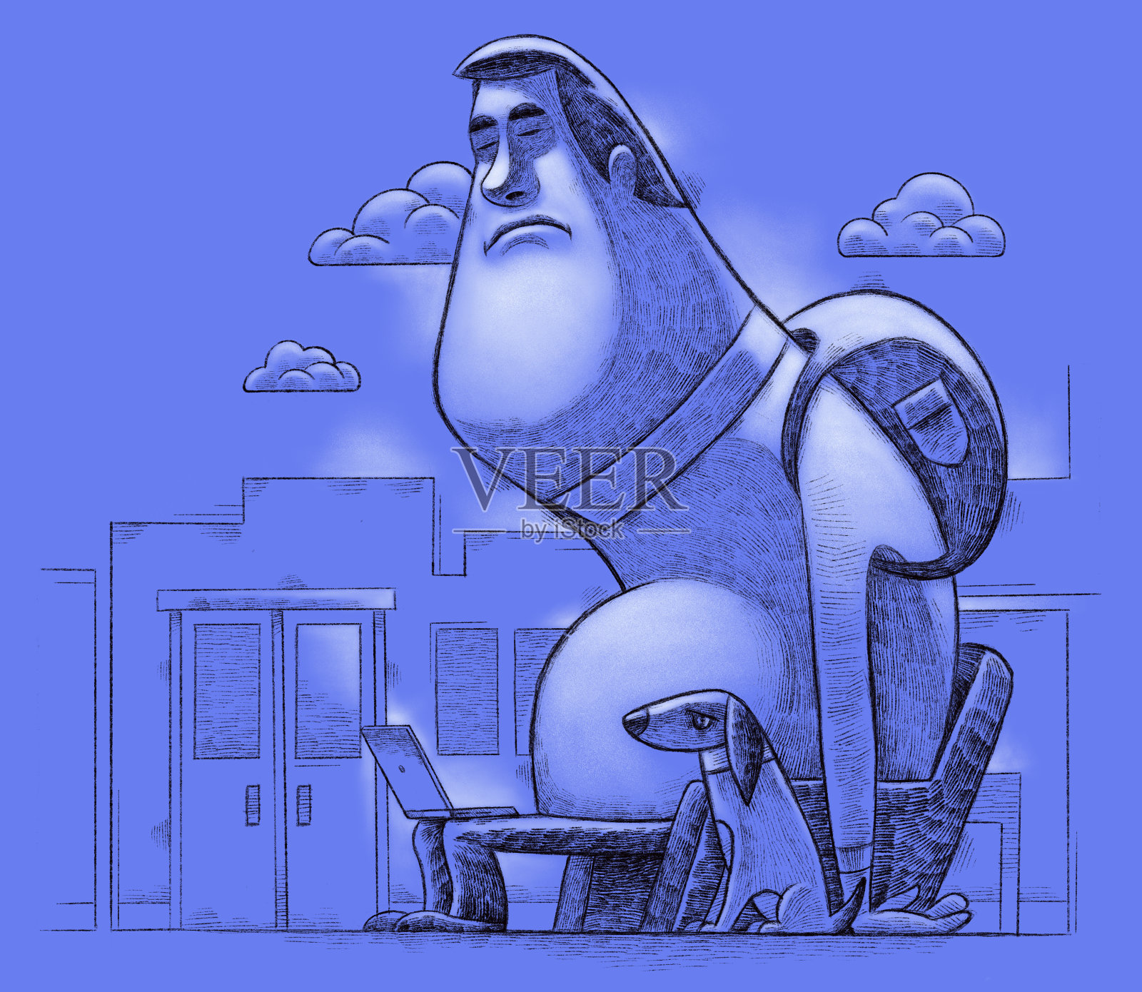 带着笔记本电脑和狗画的男人插画图片素材