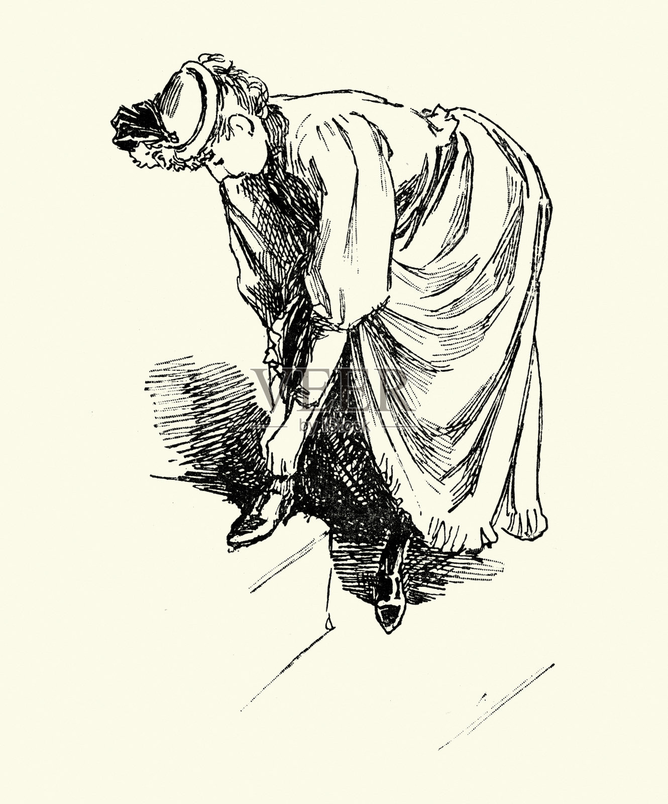 女人弯腰系鞋带，19世纪90年代法国时尚，19世纪维多利亚时代插画图片素材