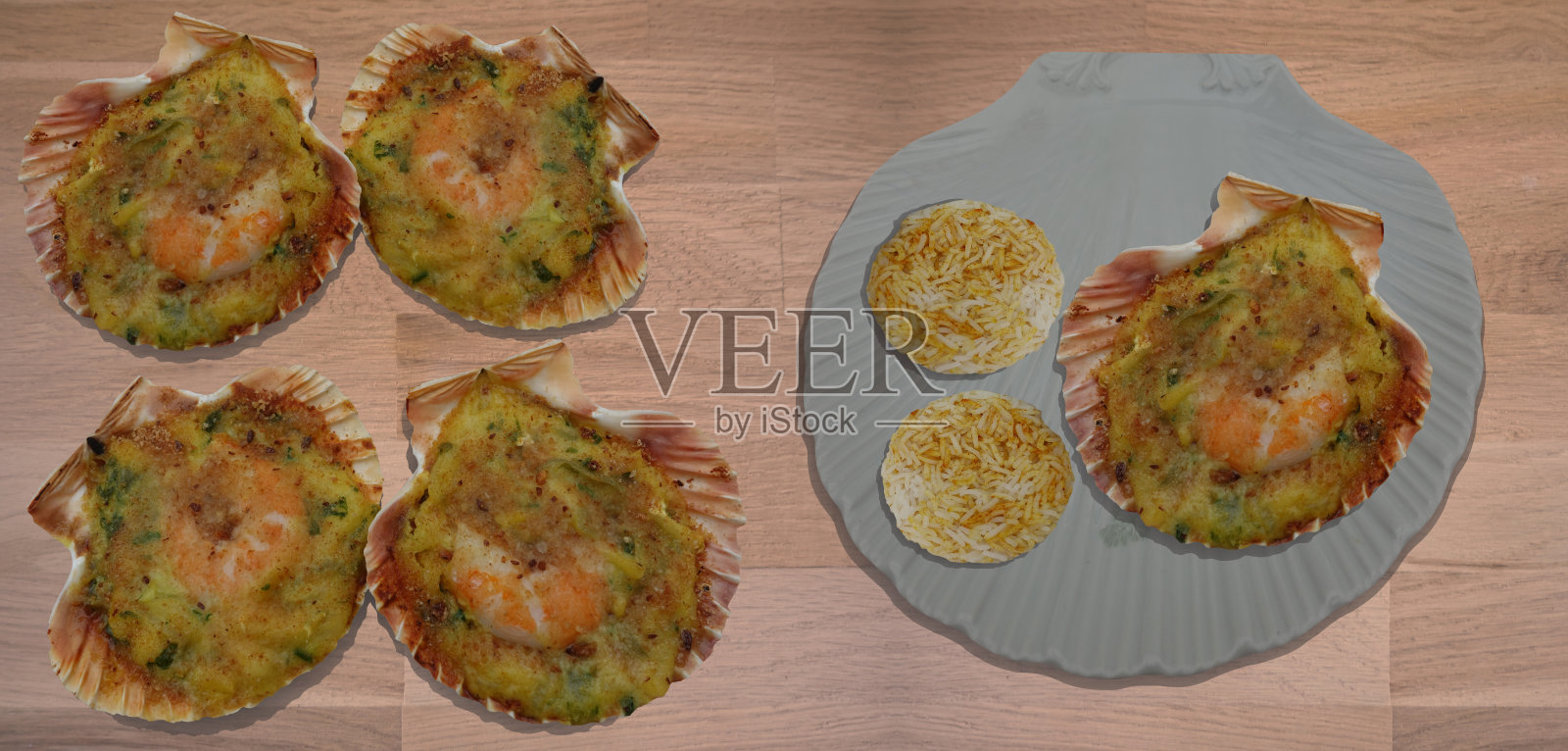 扇贝上面撒上bsamchel酱和面包屑，配上藏红花米饭照片摄影图片