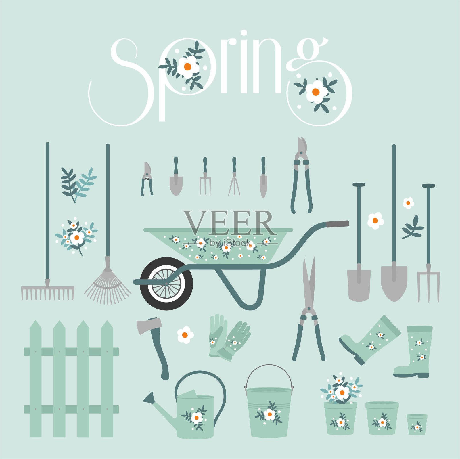 花园设备在春天柔和的颜色插画图片素材