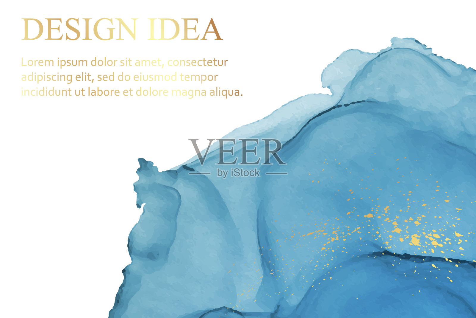 水彩背景与抽象的蓝色墨波和金色飞溅。插画图片素材