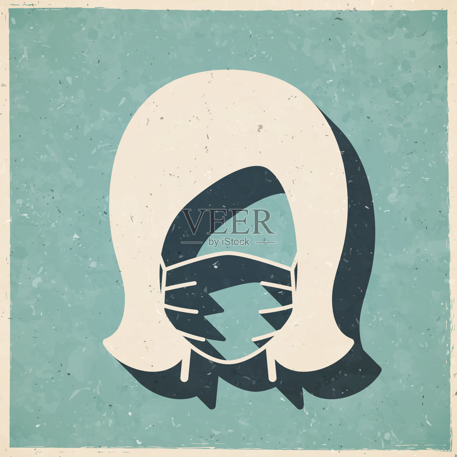 妇女在医疗脸保护口罩。图标在复古风格-旧纹理纸插画图片素材