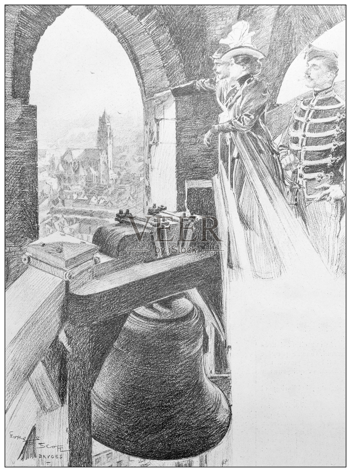 古画:布鲁日钟楼插画图片素材