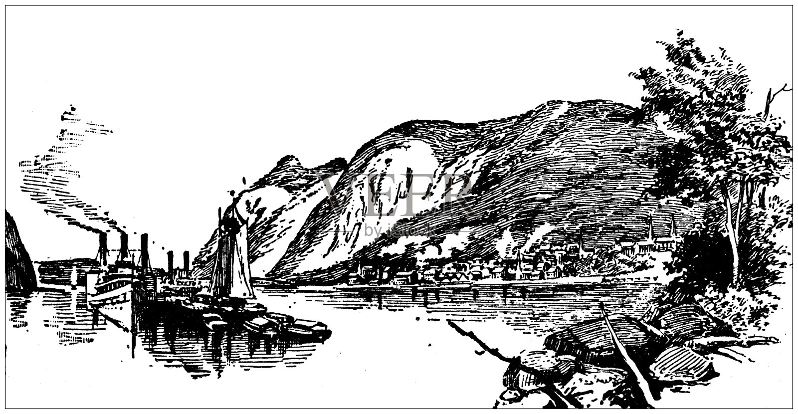 美国古董插图，纽约地标和公司:冷泉，哈德逊河插画图片素材