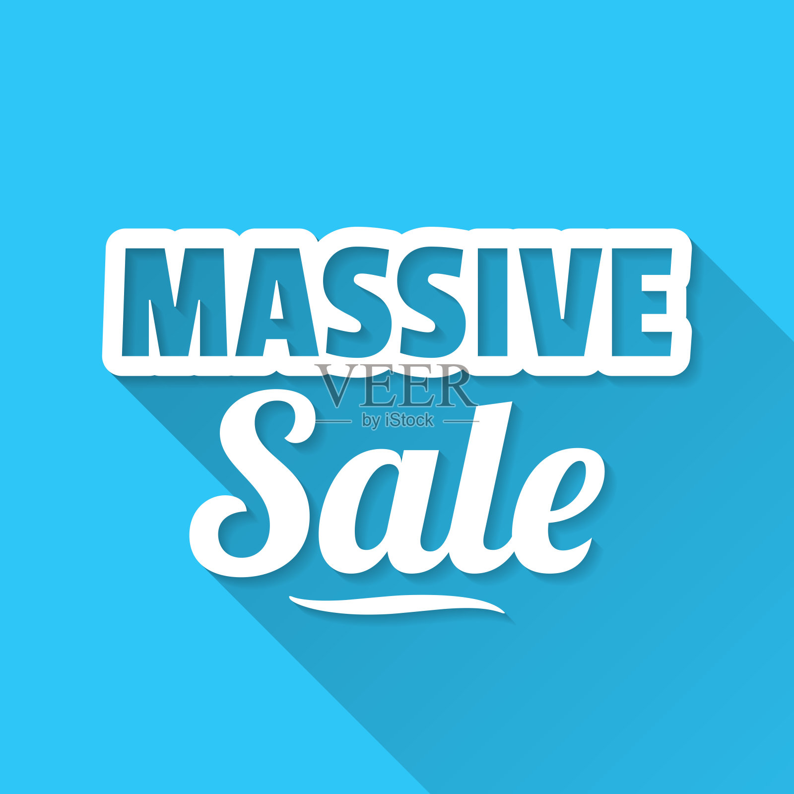 大量出售。图标在蓝色背景-平面设计与长阴影设计元素图片