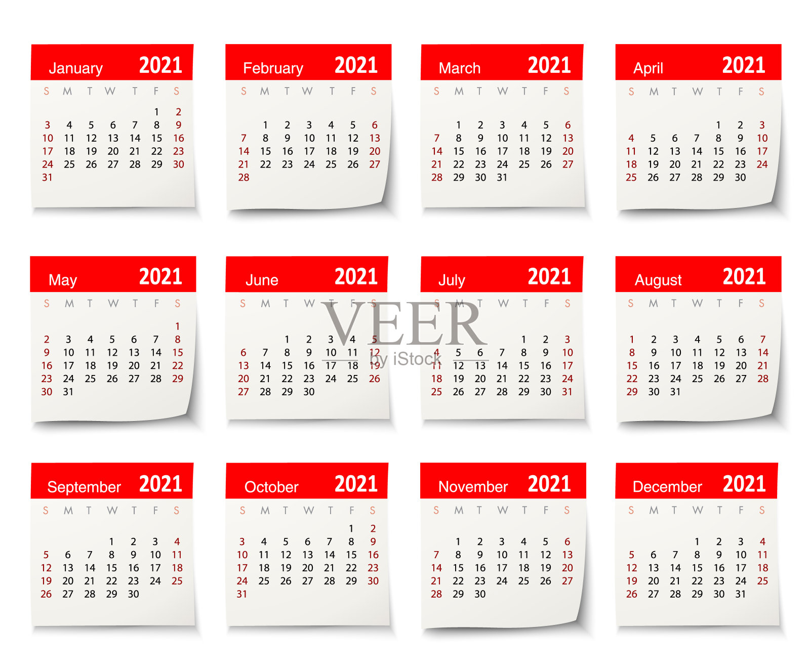 日历2021矢量设计模板周开始周日，孤立在白色背景。日历纸叶。插画图片素材