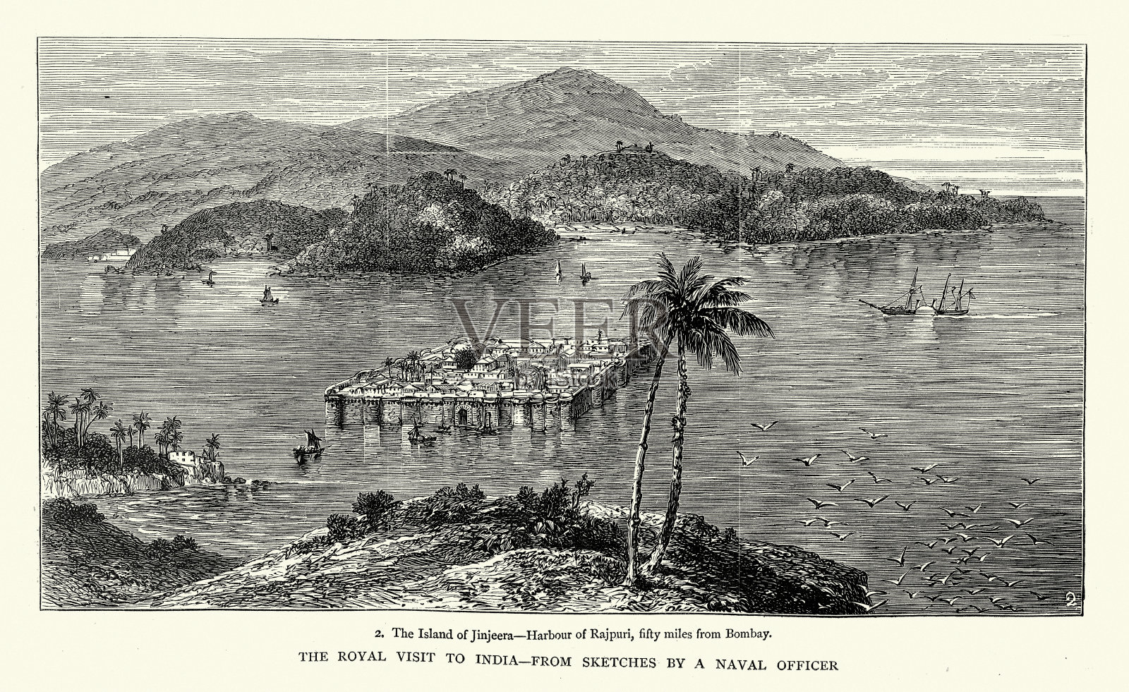 Murud- janjira堡垒坐落在印度马哈拉施特拉邦Raigad地区的Murud海岸附近的一个岛上，19世纪维多利亚时代插画图片素材