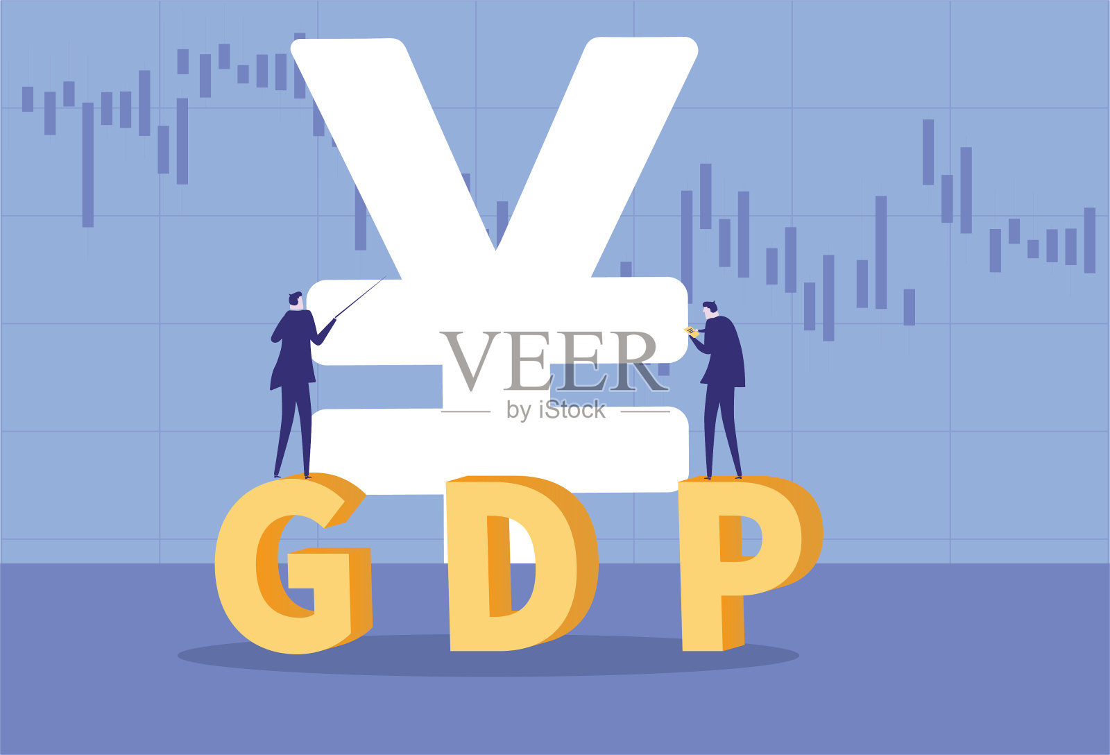 两个商人正在讨论人民币和日元的GDP增长数据。插画图片素材