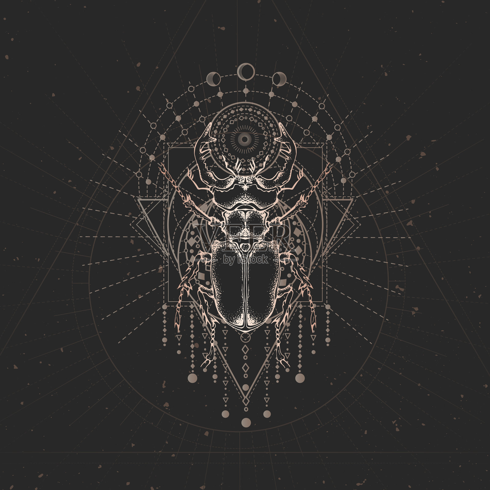 用手绘的牡鹿甲虫和神圣几何插画图片素材