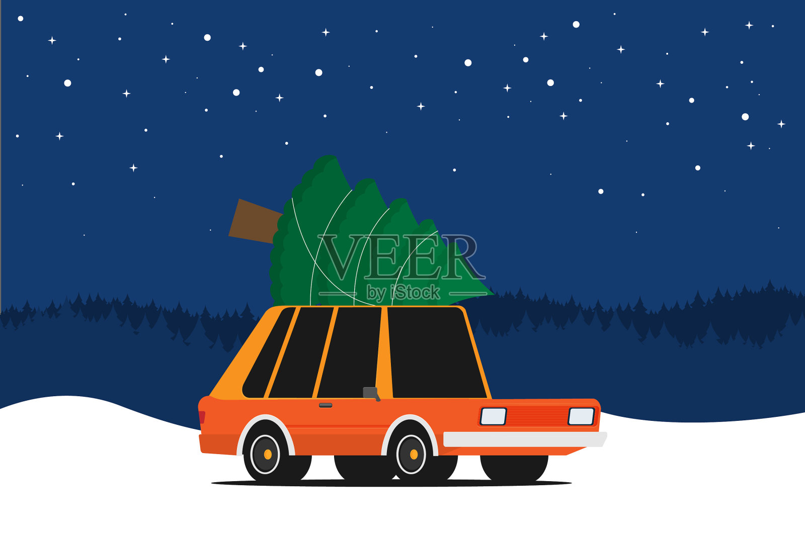 圣诞树旁开着平板车插画图片素材