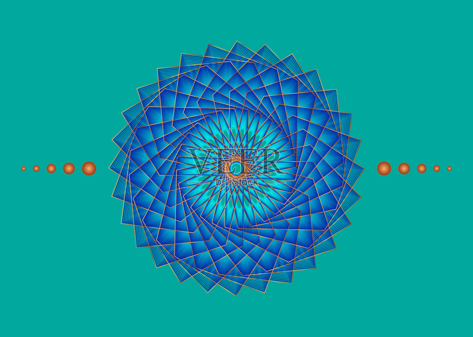 神圣的几何曼荼罗，蓝色花金色冥想圈图标，几何品牌名称设计，神秘的宗教轮，印度脉轮概念，矢量插图孤立在绿色复古背景插画图片素材