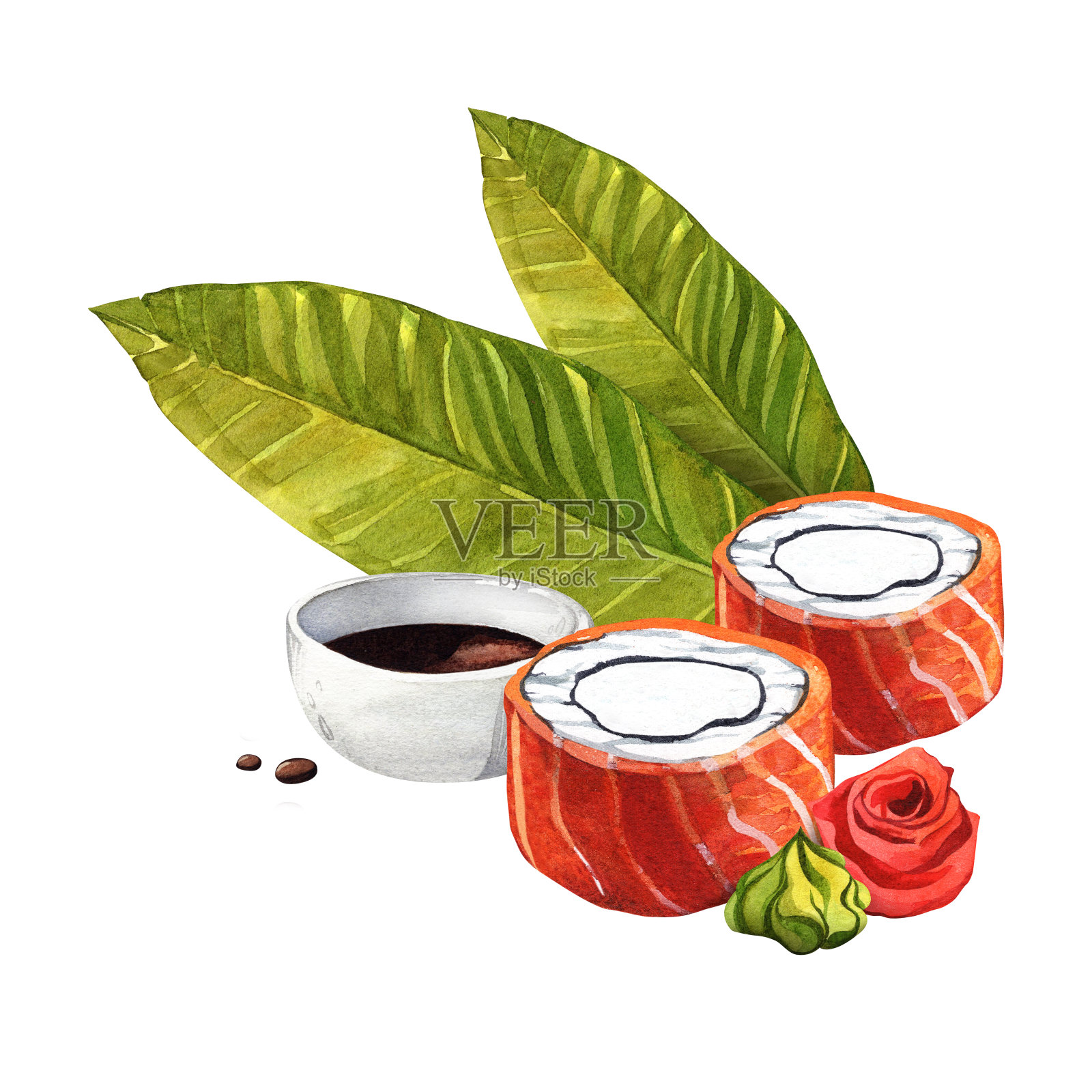 费城香蕉叶和酱油寿司卷。水彩插图。孤立的白色背景。日本的食物。插画图片素材