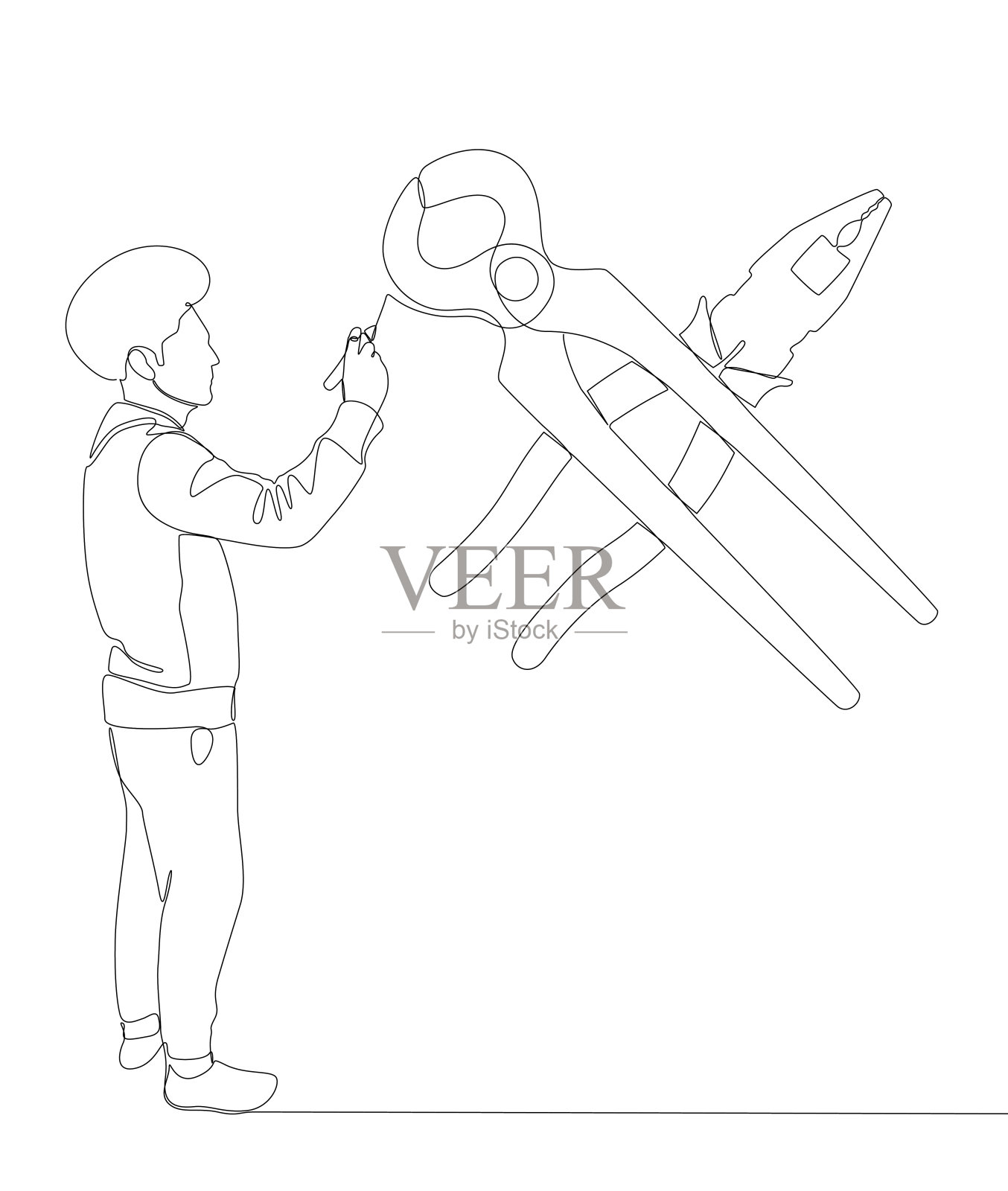 一个连续的线的人画钳子，钳由毡尖笔。手握工具用来牢固地握住物体的手握工具细线插图矢量概念。轮廓画创意。插画图片素材