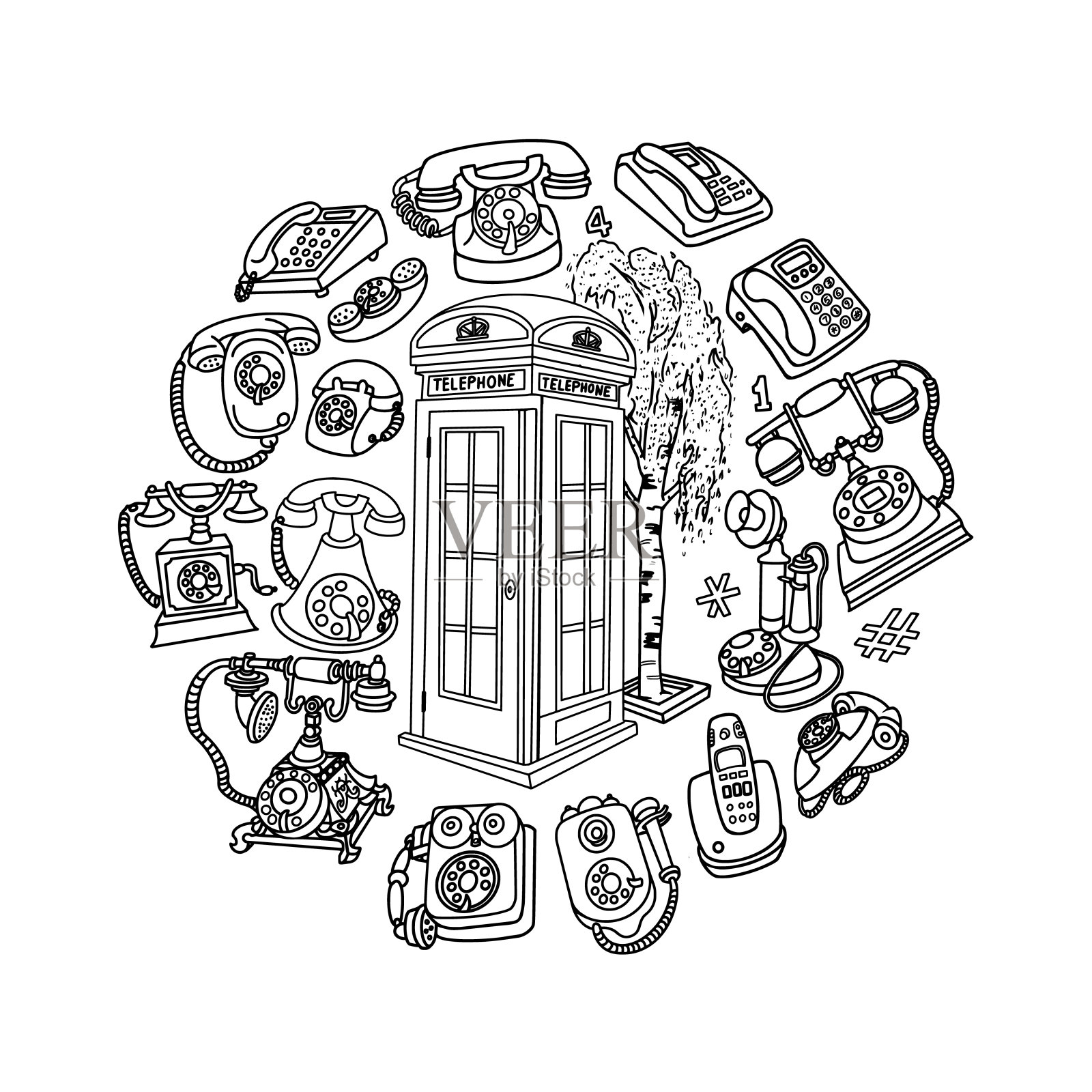 采购产品电话，电话亭和电话，圆圈组成涂鸦插画图片素材