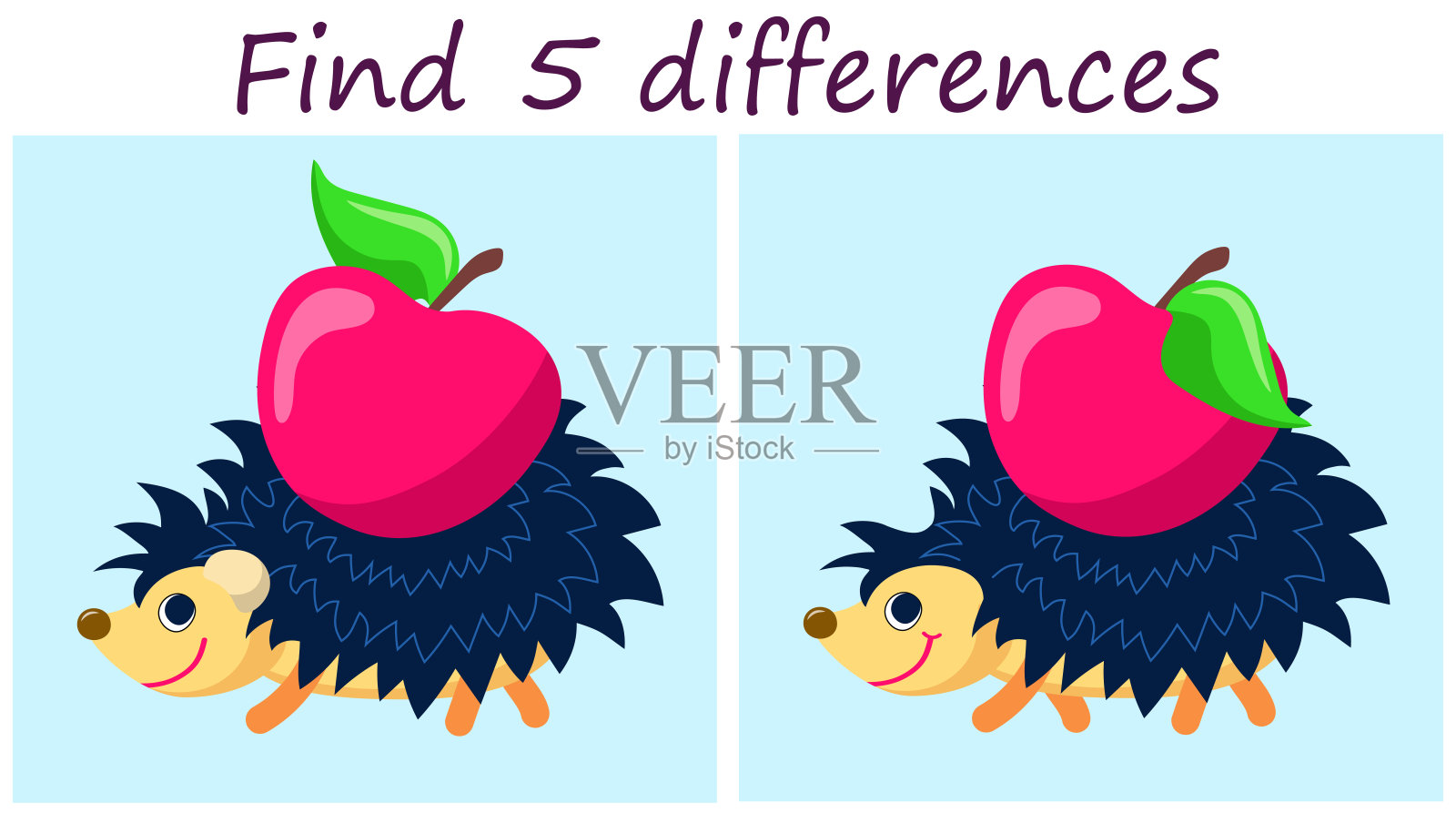 逻辑益智游戏。找出可爱刺猬的5个不同之处。插画图片素材