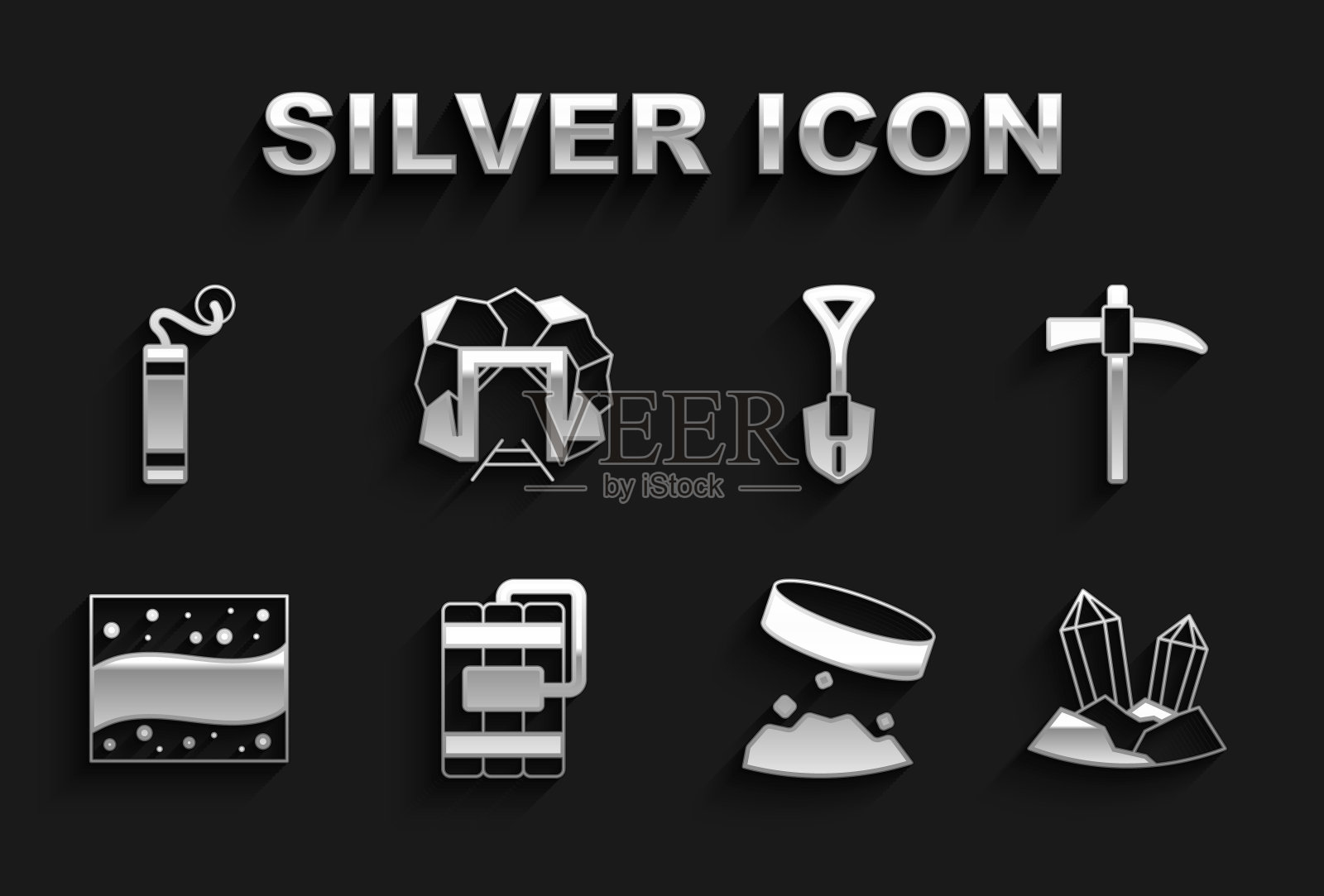 设置炸药，鹤嘴锄，宝石石，巨型磁铁持有铁粉，金矿，铲子，和矿山入口图标。向量图标素材