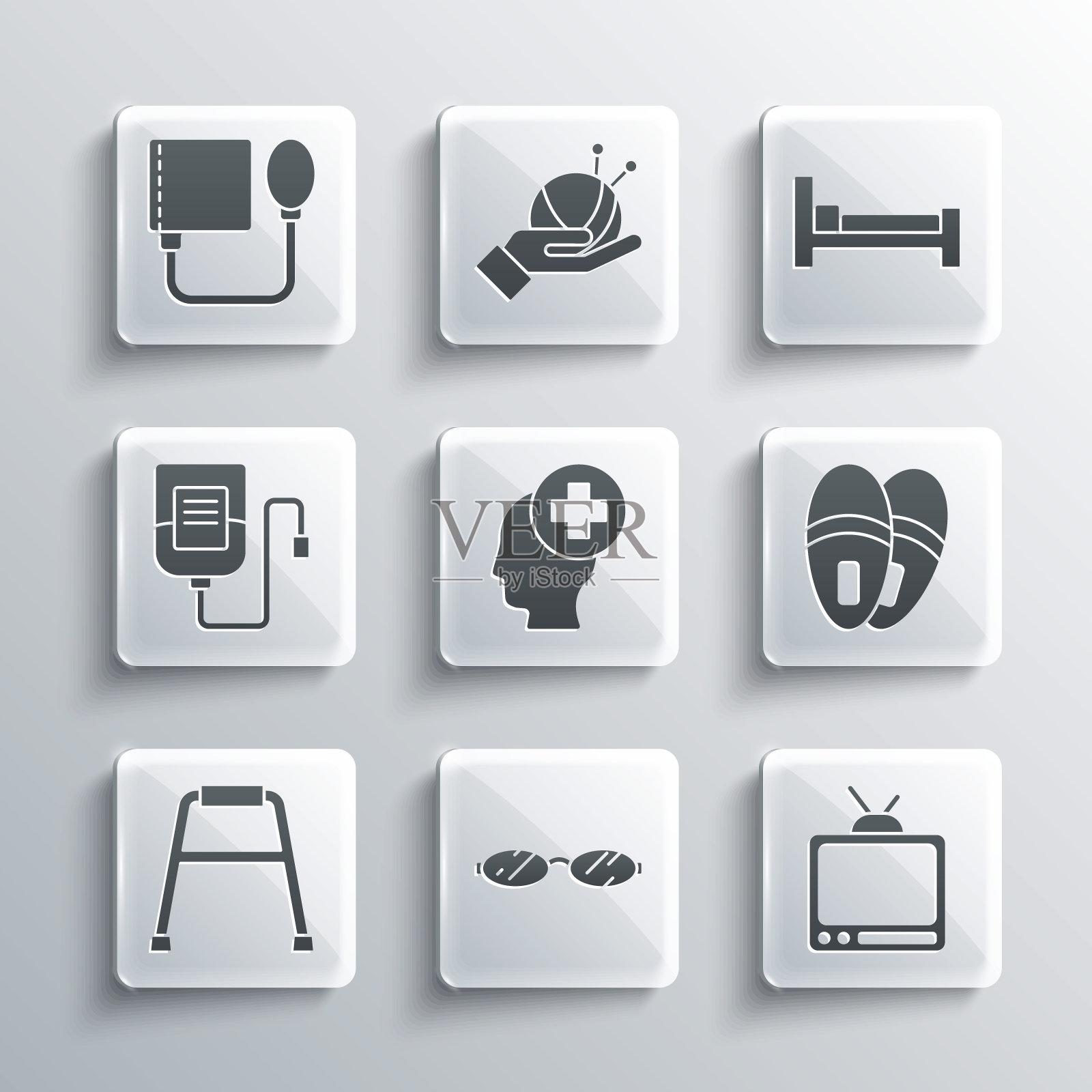 集眼镜，复古电视，拖鞋，男性头部与医院，步行者，静脉输液袋，血压和床的图标。向量图标素材