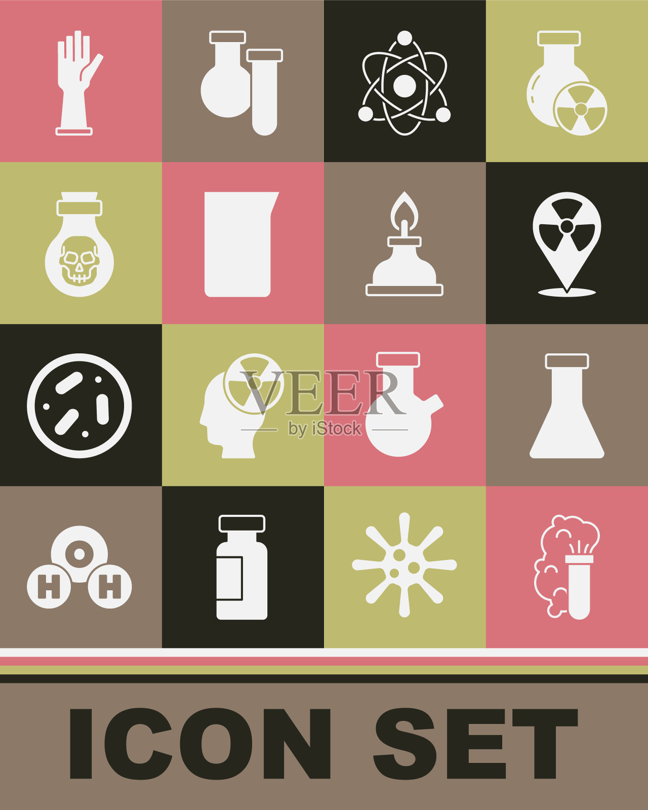 集化学爆炸，试管和烧瓶，放射性的位置，原子，实验室玻璃器皿或烧杯，毒瓶，医用橡胶手套和酒精燃烧器图标。向量图标素材