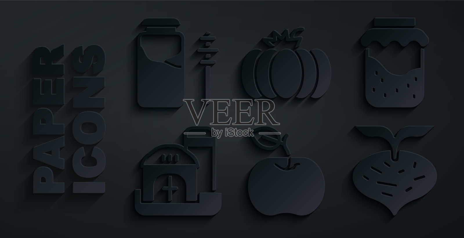 集苹果，果酱罐，农场的房子，甜菜，南瓜和罐的蜂蜜和斗棒图标。向量图标素材