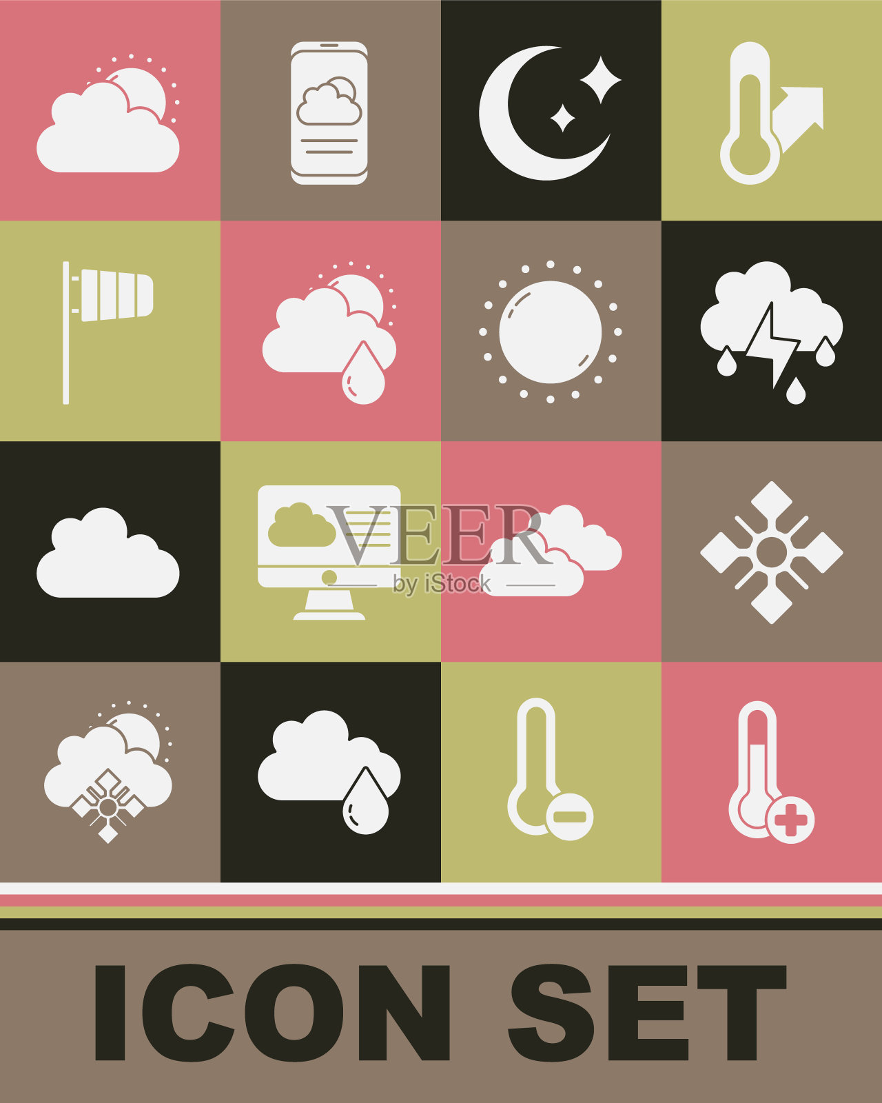 集气象温度计，雪花，云与雨和闪电，月亮星星，太阳，圆锥风袜风向标，太阳云天气和图标。向量图标素材