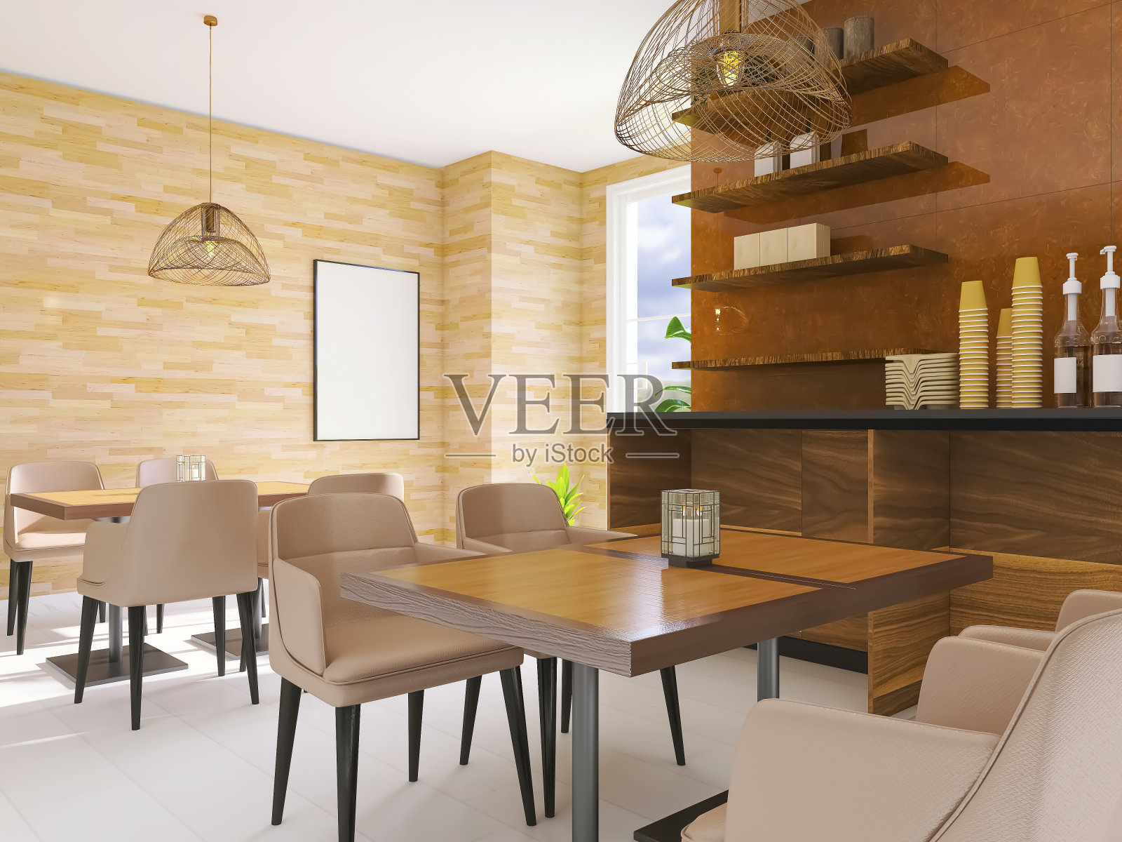 咖啡馆室内3d渲染，3d插图照片摄影图片