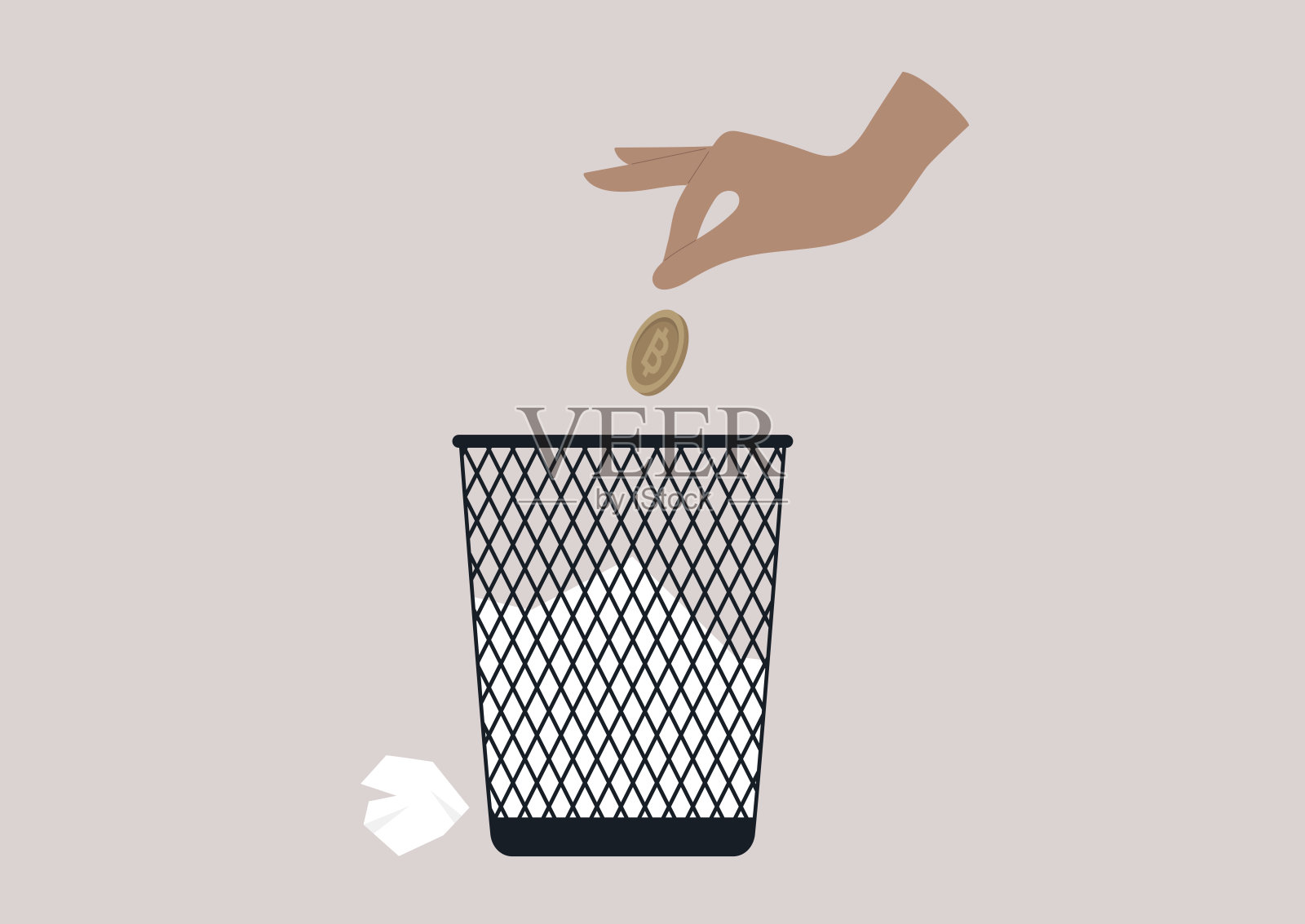 一只手把比特币金币扔进垃圾桶，这是加密货币市场危机插画图片素材