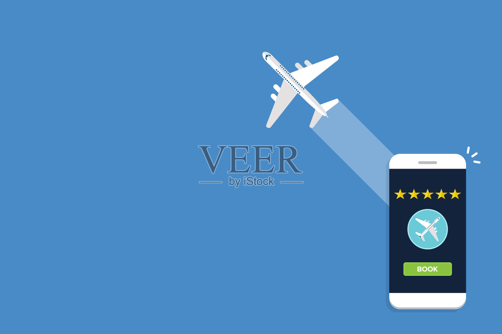 手机预订飞机旅行航班按钮，查看航空公司智能手机应用的星级评分，最佳旅行评级。矢量图插画图片素材