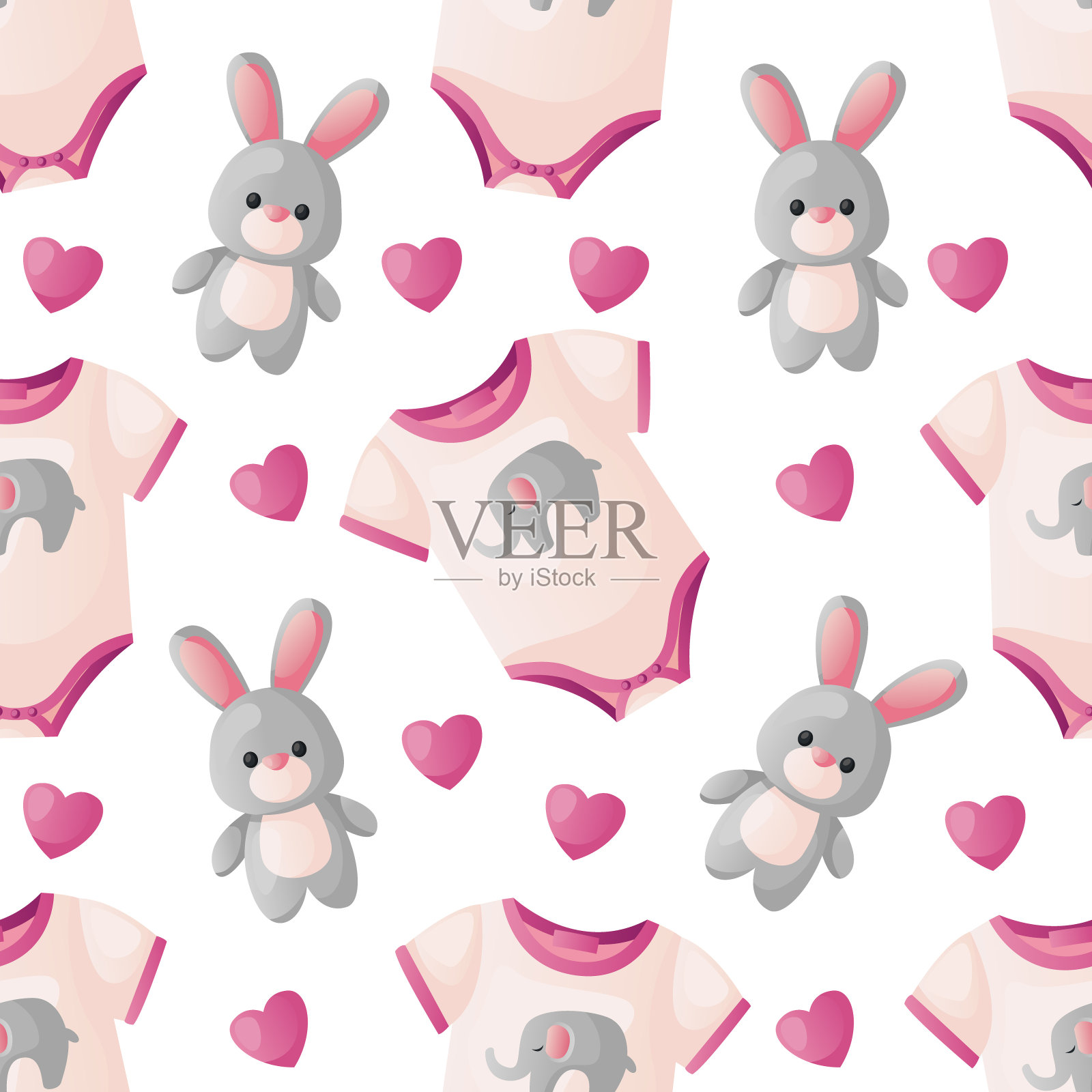 婴儿沐浴图案与紧身衣与大象，心脏，玩具泰迪兔插画图片素材