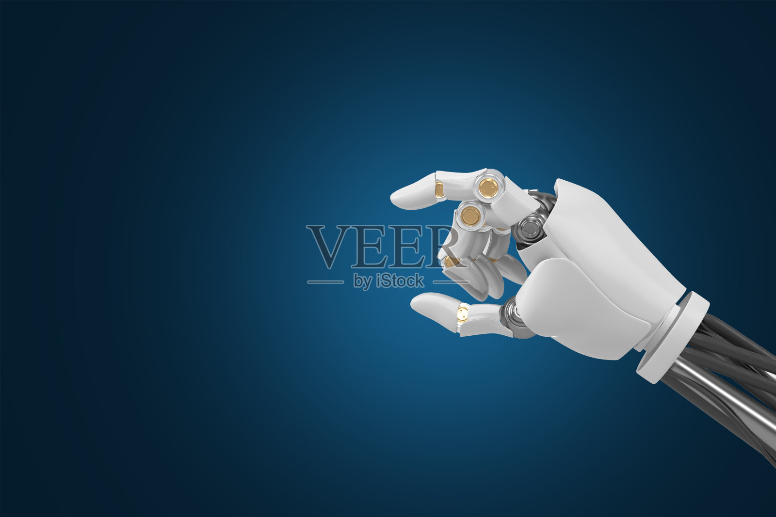 机器人手的3d渲染，在蓝色背景下照明，体现了人工智能和技术重塑我们世界的无与伦比的潜力。照片摄影图片