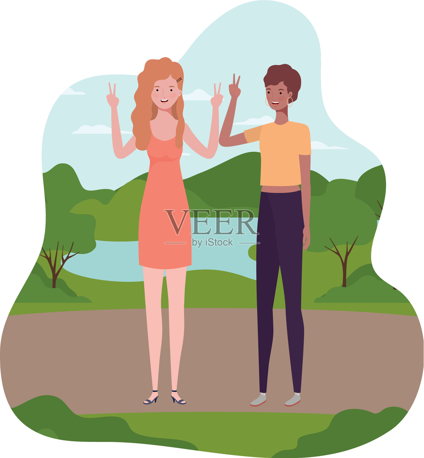 年轻女子站在风景背景插画图片素材