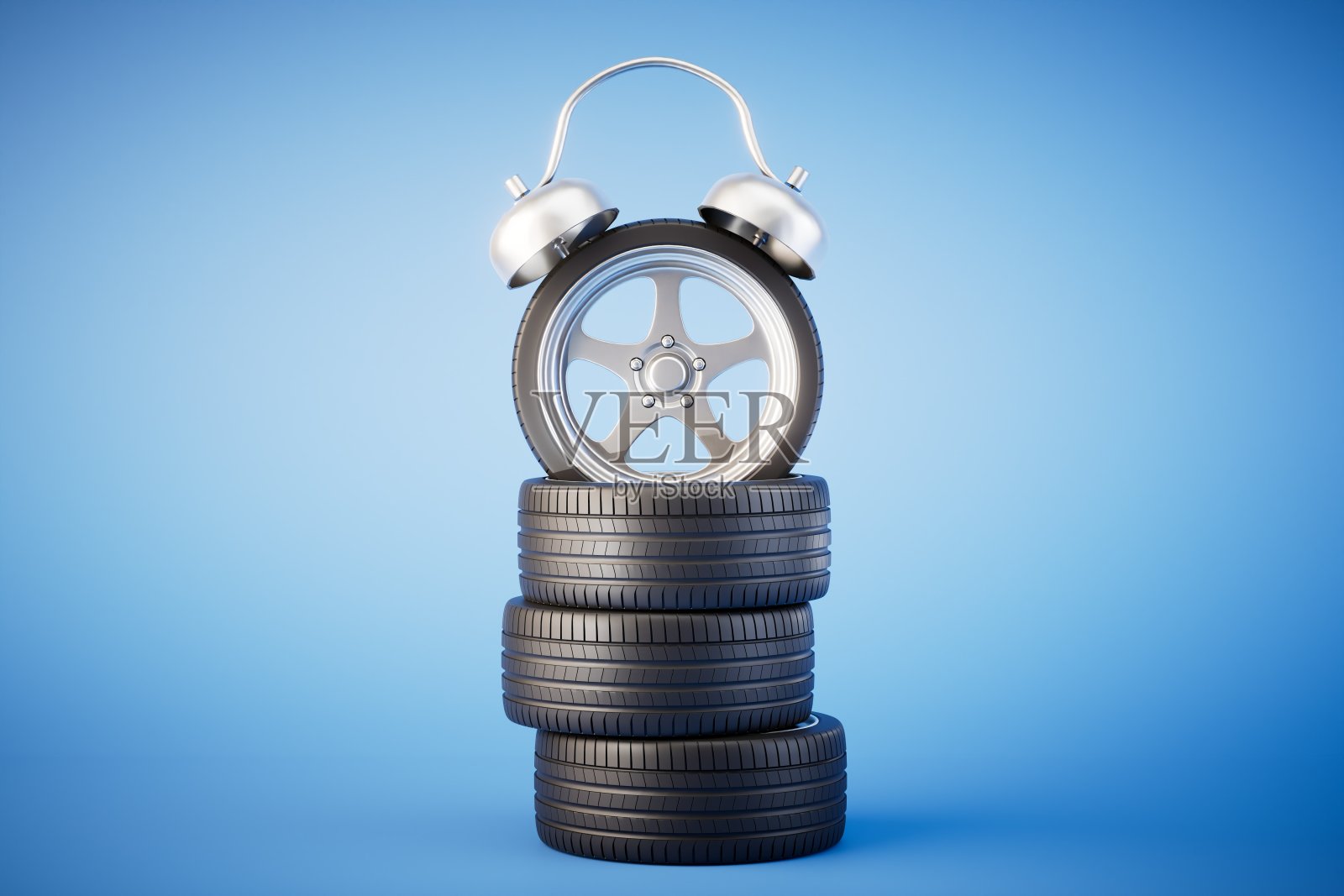 该给汽车换轮胎了。带轮子的轮胎和蓝色背景的闹钟。三维渲染照片摄影图片