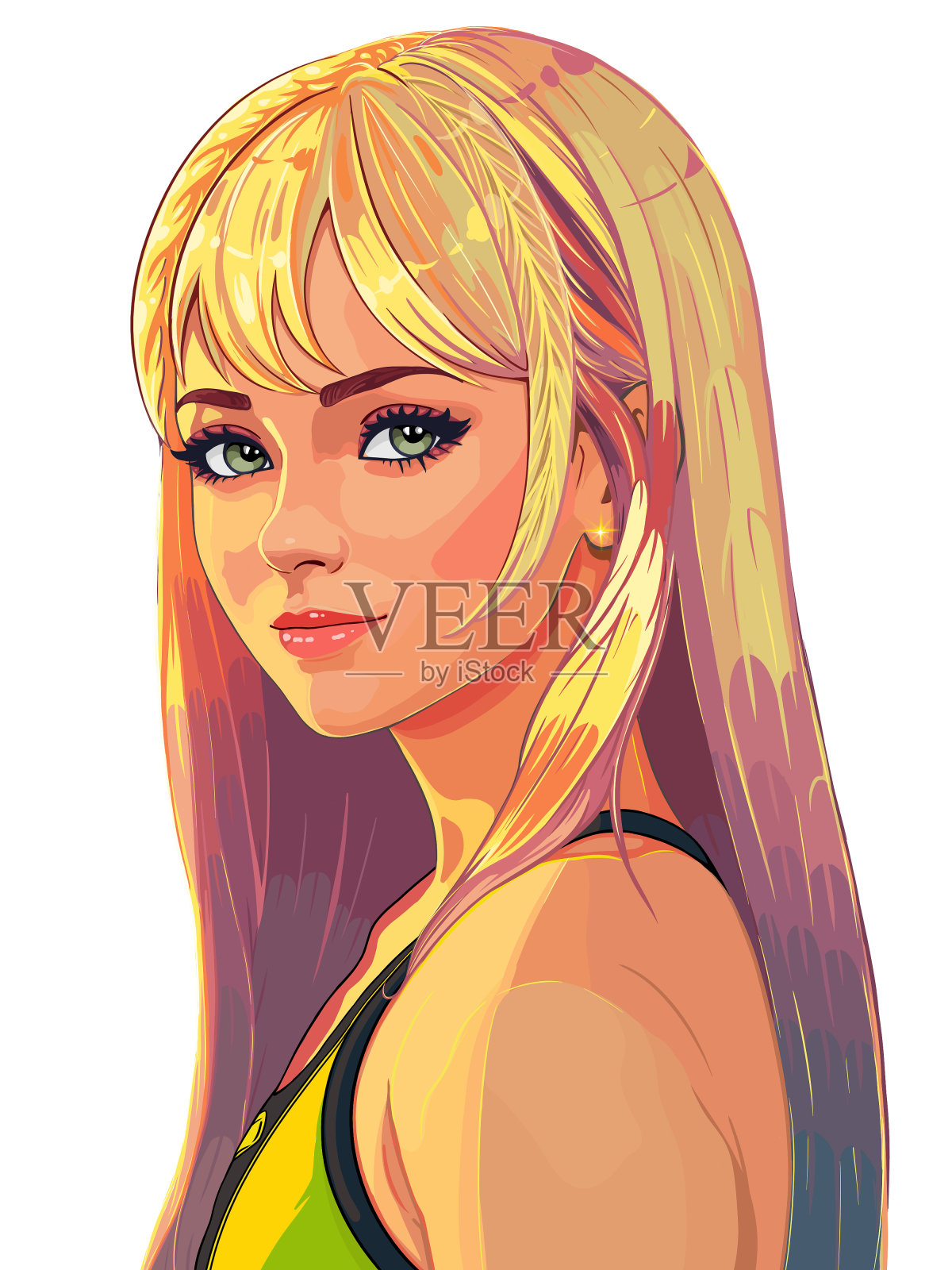 一个美丽的女孩的肖像，她的头发是黄紫色的，看起来像羽毛插画图片素材