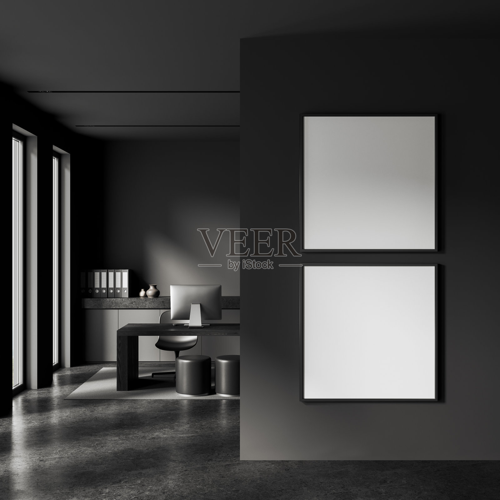 时尚的灰色首席执行官办公室内部与海报照片摄影图片