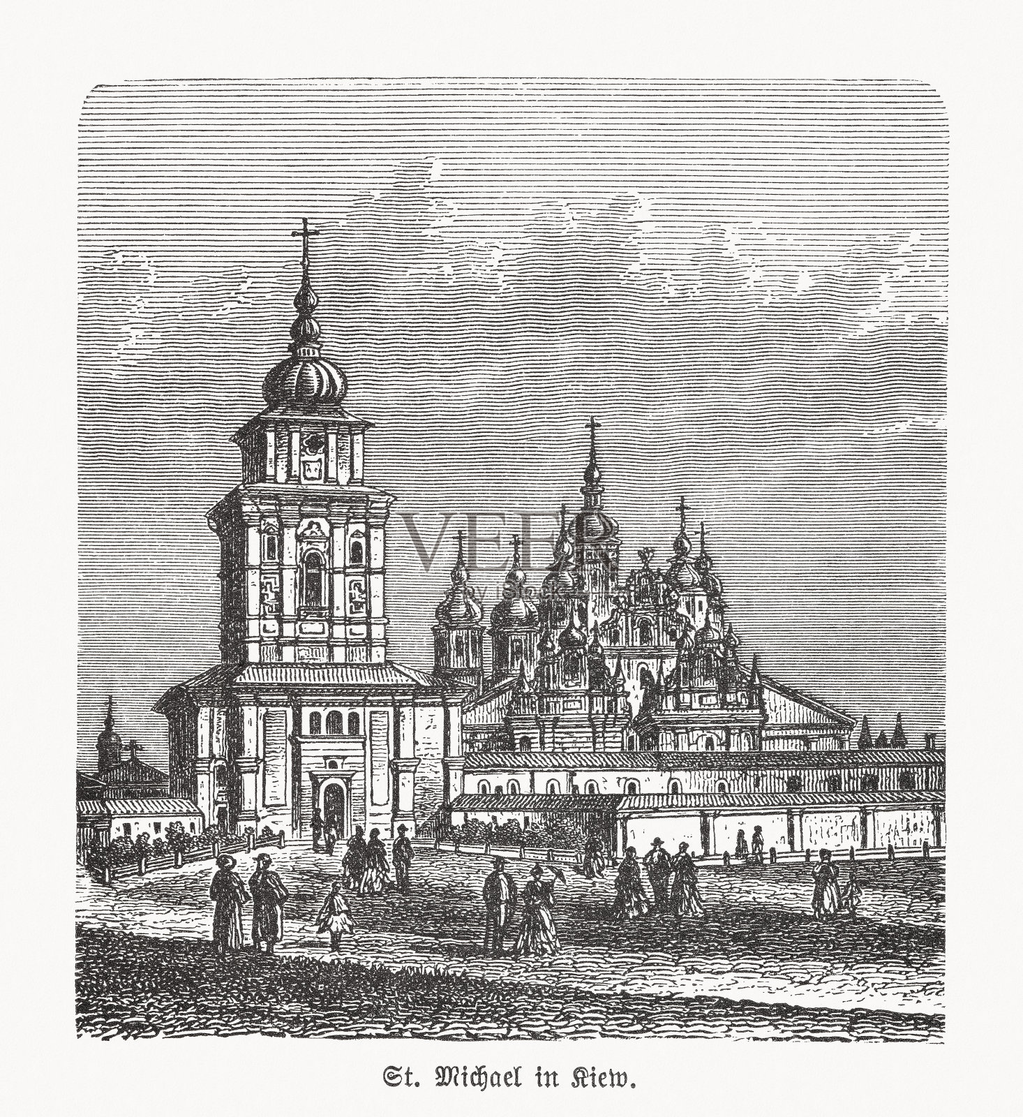 乌克兰基辅的圣迈克尔金色圆顶修道院木刻，1893年出版插画图片素材