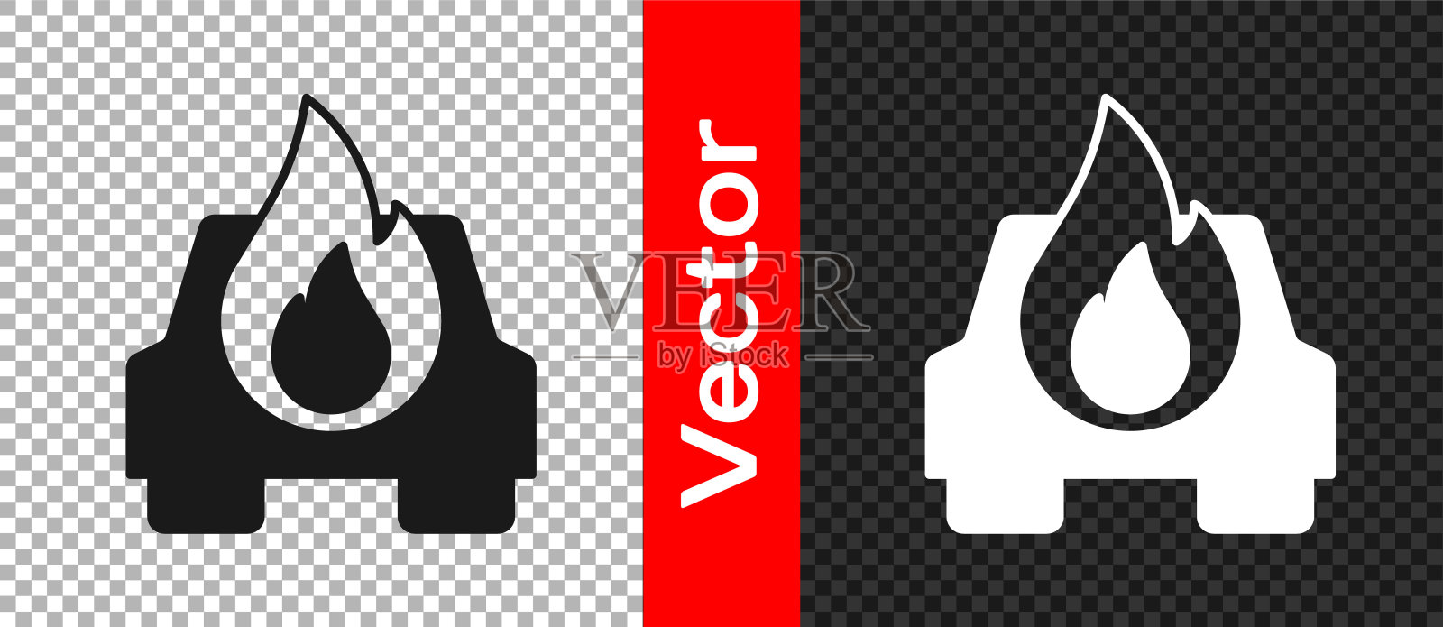 黑色燃烧汽车图标隔离在透明的背景。汽车着火了。被火和烟覆盖的破车。向量图标素材