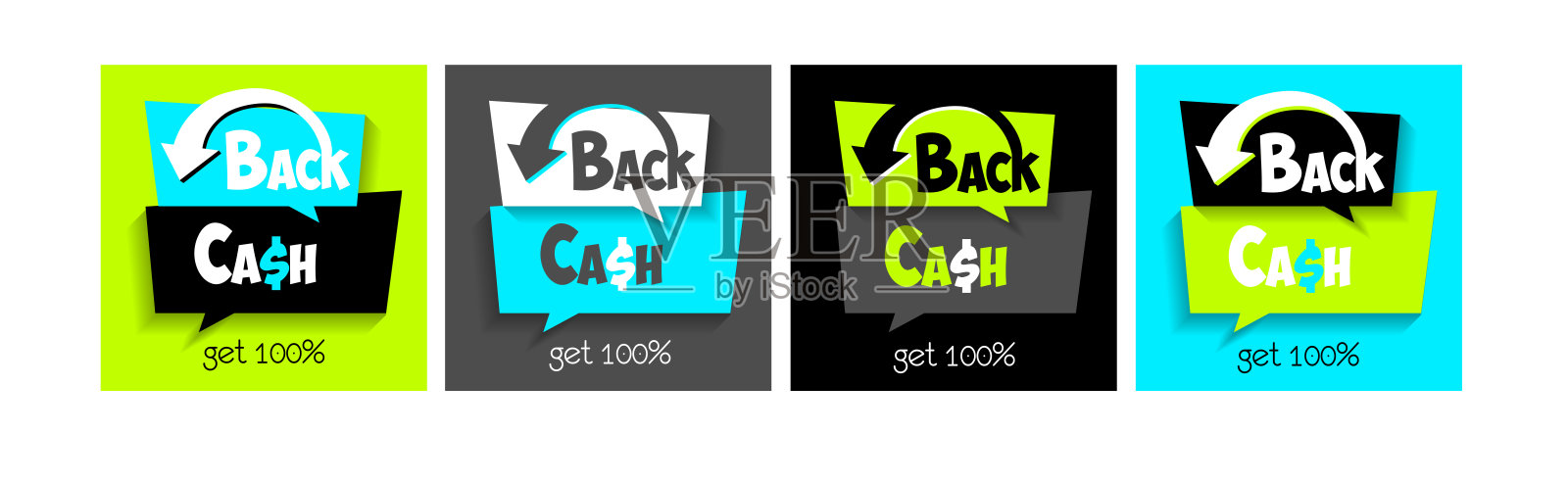 卡通风格的退款概念。回报。在彩色纸的抽象背景上带有箭头的文字。一组web模板的应用程序，网上商店，打印。插画图片素材