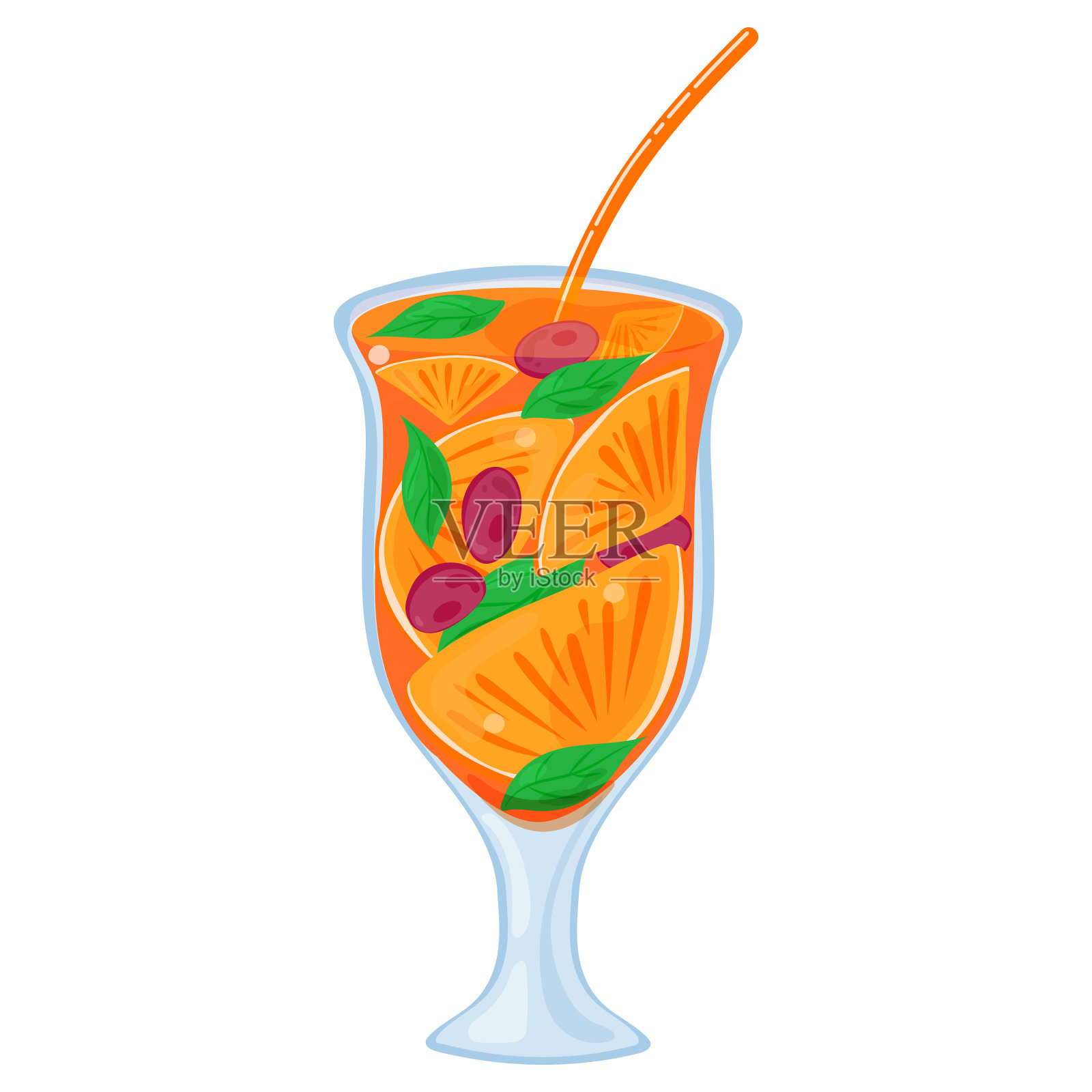 热带鸡尾酒在一杯橘子，薄荷和浆果。矢量图插画图片素材
