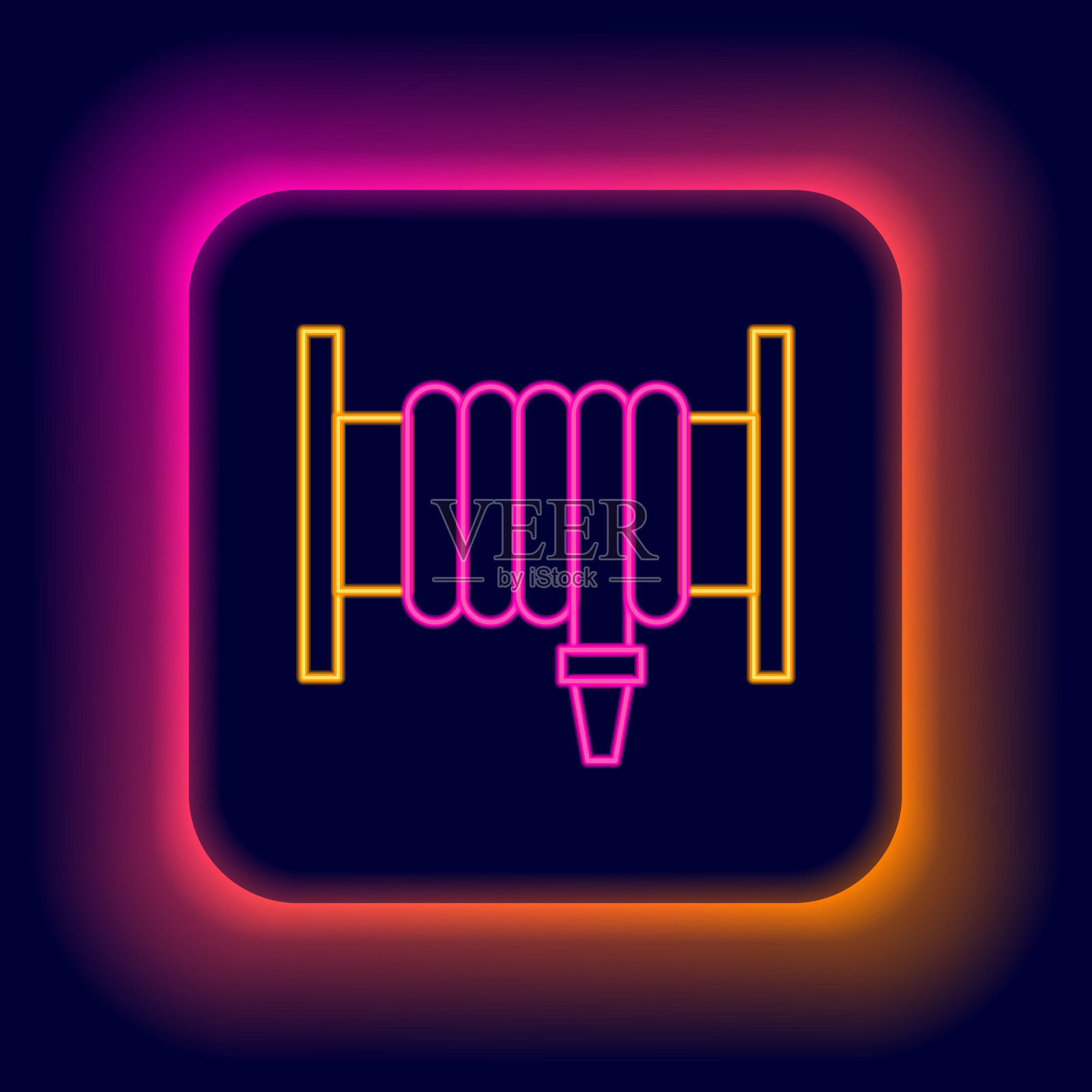 发光的霓虹灯线消防软管卷轴图标孤立的黑色背景。色彩缤纷的轮廓概念。向量插画图片素材