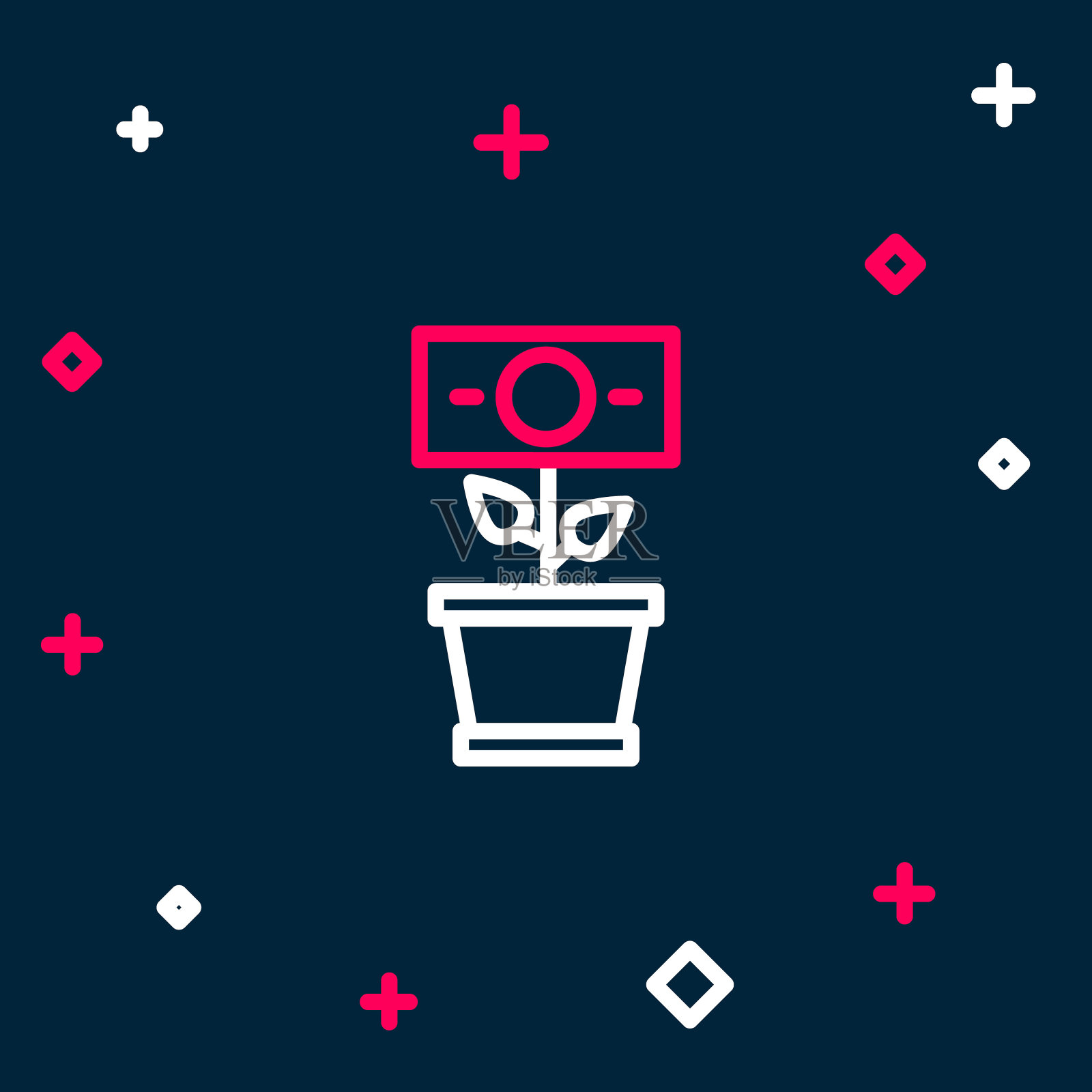 行钱植物在锅图标孤立的蓝色背景。企业投资成长型理念。储蓄和投资。色彩缤纷的轮廓概念。向量插画图片素材