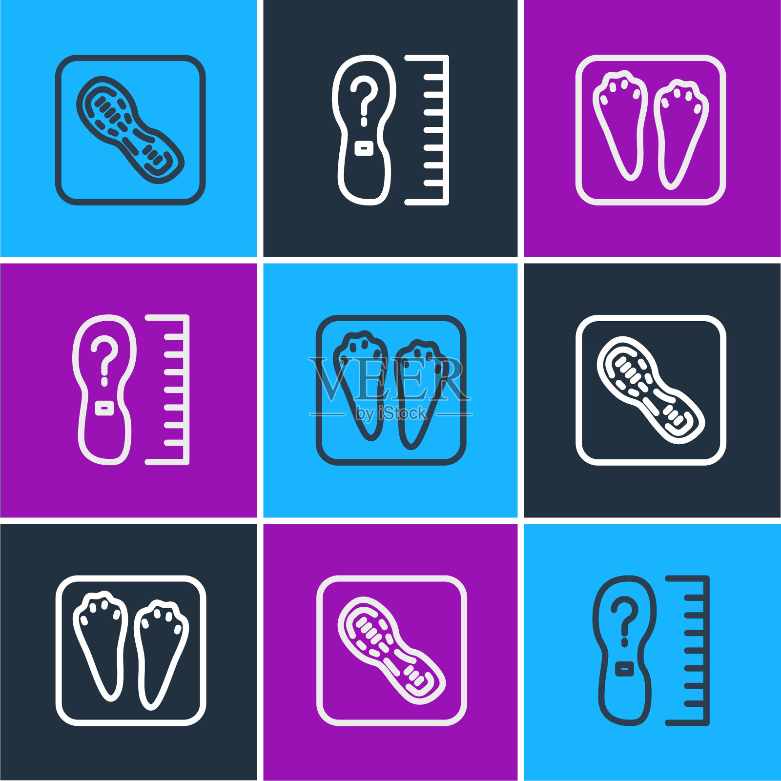 设置线人类脚印鞋，兔子和野兔爪和方尺尺寸图标。向量插画图片素材