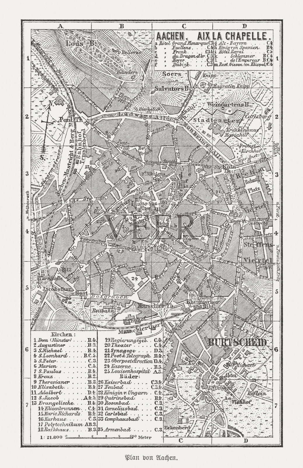 德国亚琛历史城市地图，木刻，1893年出版插画图片素材