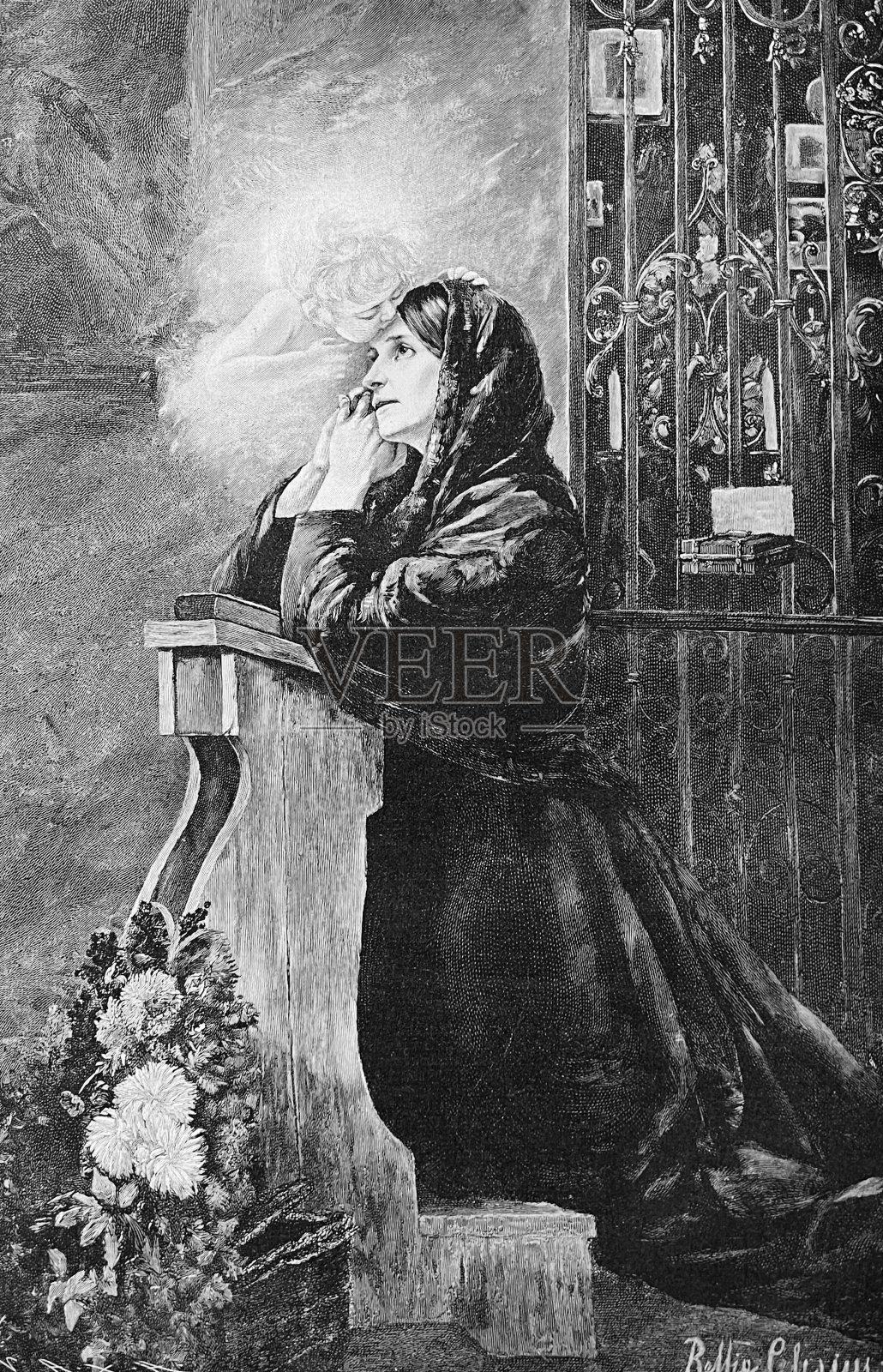 万灵节祈祷，跪在教堂长椅上的女人插画图片素材