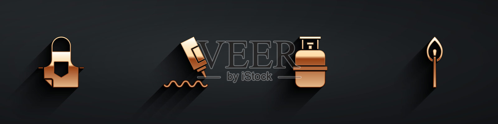 设置厨房围裙，酱瓶，丙烷气罐和燃烧火柴与火图标长阴影。向量插画图片素材